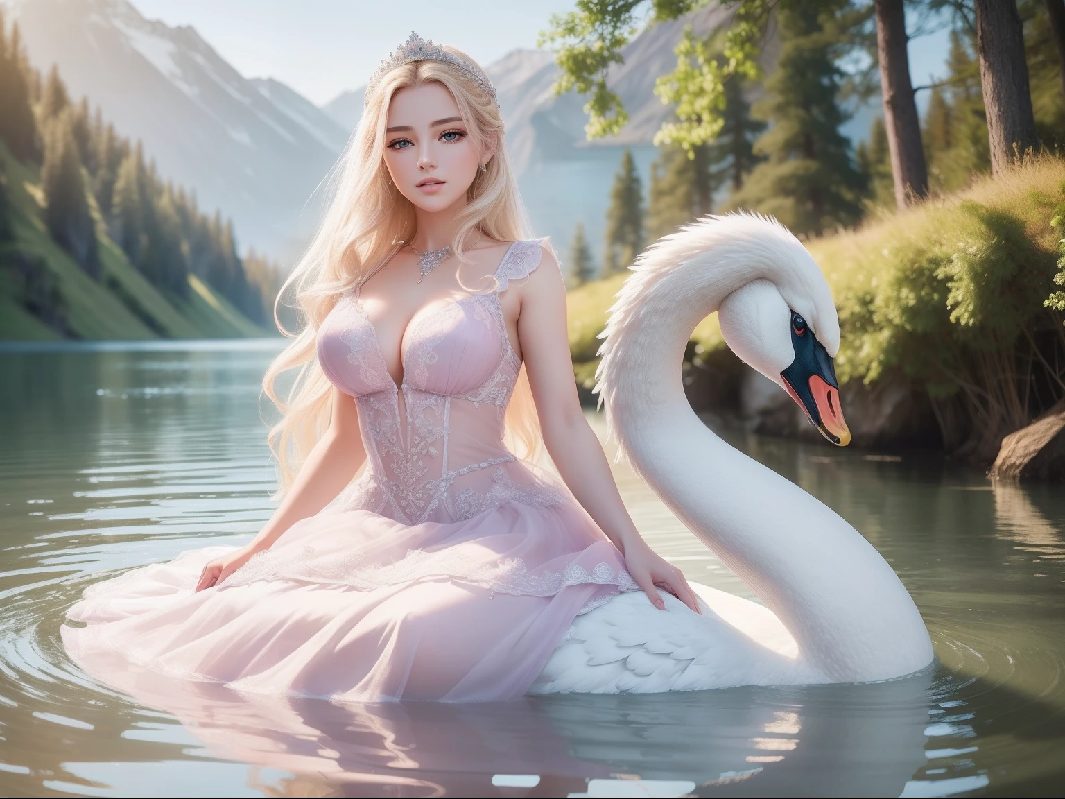 {{{{{extremely detailed CG}}}}},{{8K}}, ((masterpiece)), (((best quality))), ((ultra-detailed)), beautiful detailed eyes, beautiful stunning face, extremely detailed face, beautiful long eyelashes, highly detailed skin, highly detailed background, beautiful young female, long blonde hair, plump lips, wearing a pastel purple iridescent ballgown, in nature with lake behind her, swan in lake, swan on top of lake