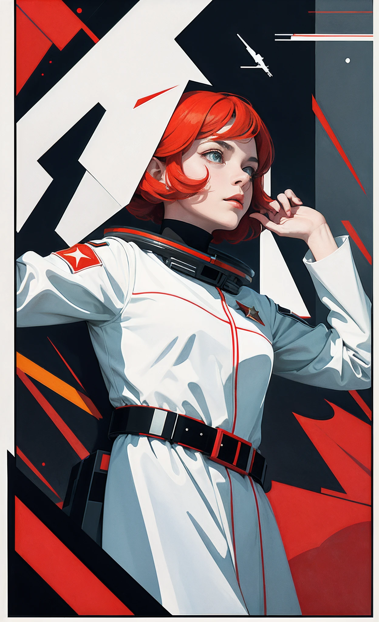 Masterpiece, Best Quality, 1 Girl, Space Thriller Movie Poster, poster_white_frame, Bauhaus, Shape, Line, Abstract, Constructivism, Soviet, red_star, communism_propaganda