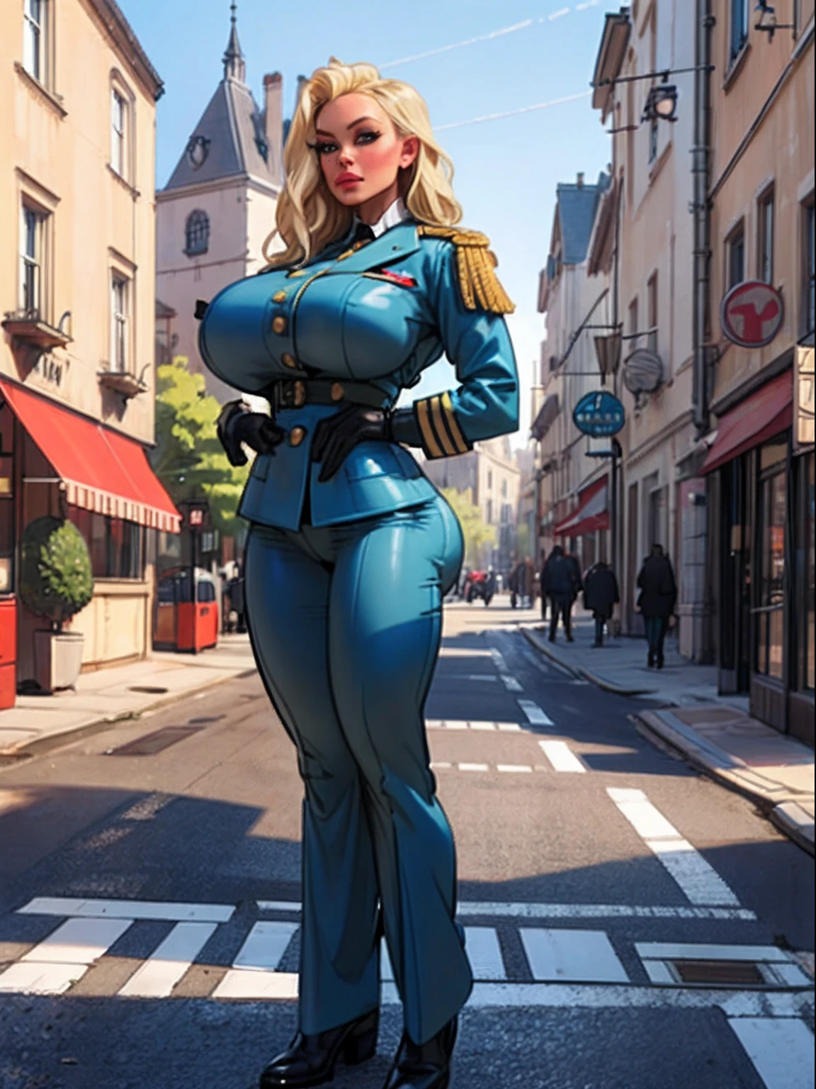 Lonely young adult girl, Tall stature, little chest, closed mouth, Slavic appearance: Green eyes; blond hair; sharp facial features; dimple on the chin; Straight nose; high nose; pronounced high cheekbones; high forehead, stands upright, (gigantic breasts:1.4), detailed face, military uniform: gray double-breasted overcoat; gray pants, Full-length painting, black leather gloves, in the middle of the street, Background: A street with a stone paved road with European stone houses from the first half of the 20th century, High quality shadows, High quality of light, High quality clothing, Masterpiece picture quality, max detail, Masterpiece quality.
