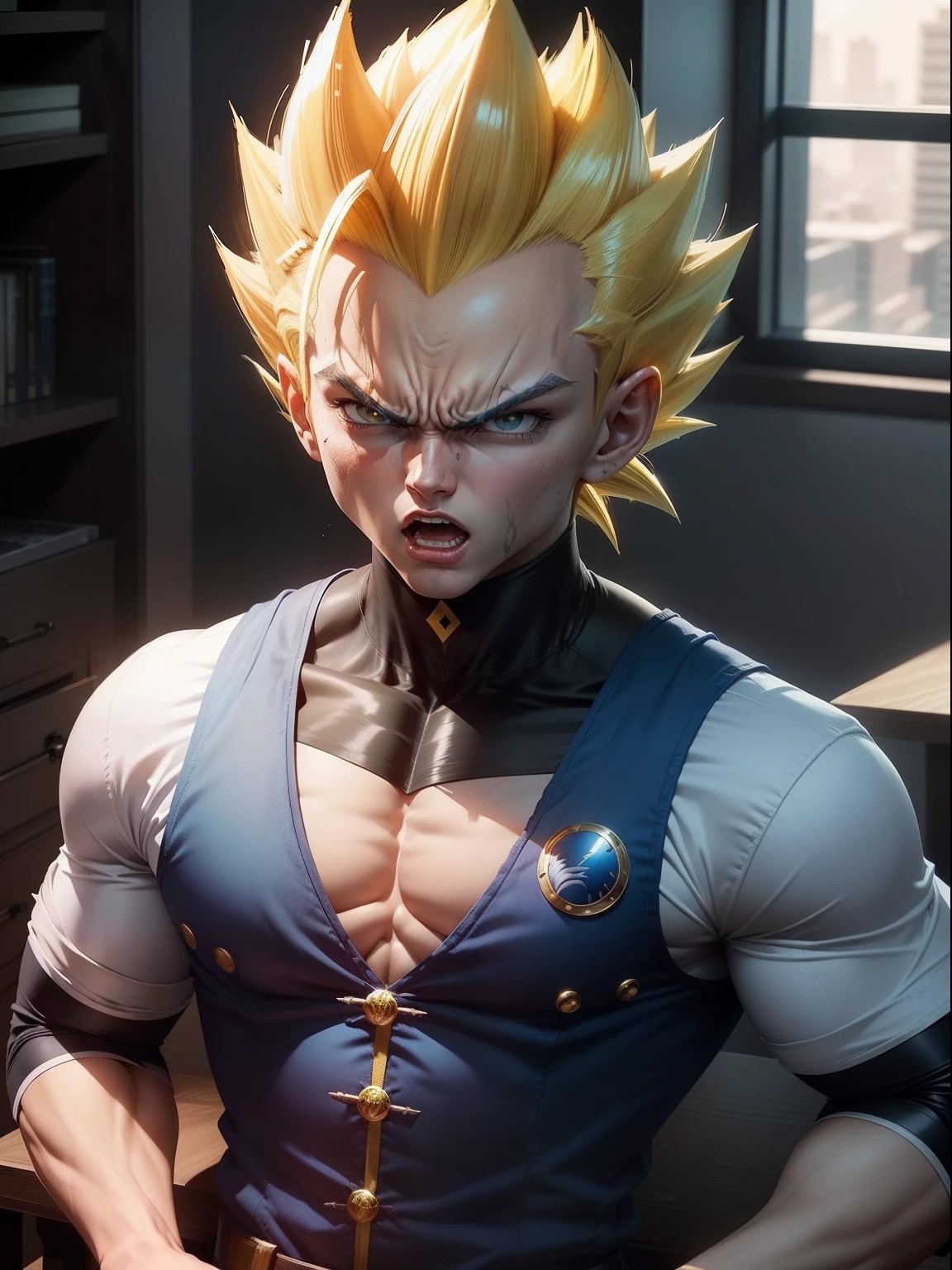 obra-prima, melhor qualidade, vegeta super Sayajin realista, cabelo todo arrepiado para cima, maintain the facial expression of furious anger, olhos do vegeta super Sayajin 2 realista furioso gritando homem, cabelo amarelo, olhos azuis, classic drawing uniform, cabelo grande