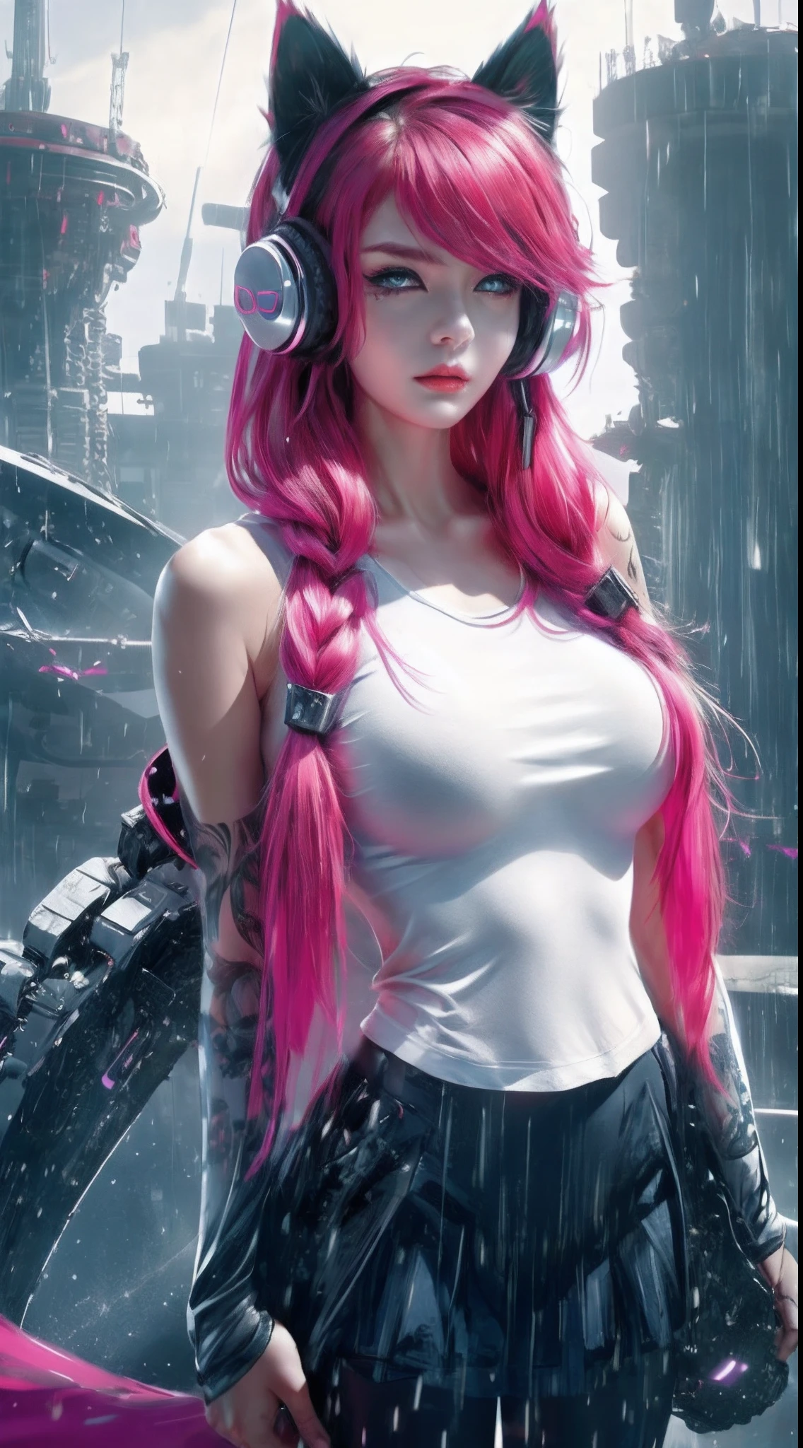 cat ear，Creeping up to provoke the audience，Seductive eye details，cropped shoulders，huge tit，the skin is wet，outside
A mech full of electric leakage
schoolgirl，Fuchsia hair，With silver headphones，Blue eyes，Red lips are attractive，The upper part of the body，white  shirt，cropped shoulders，huge tit，There are tattoos on the shoulders