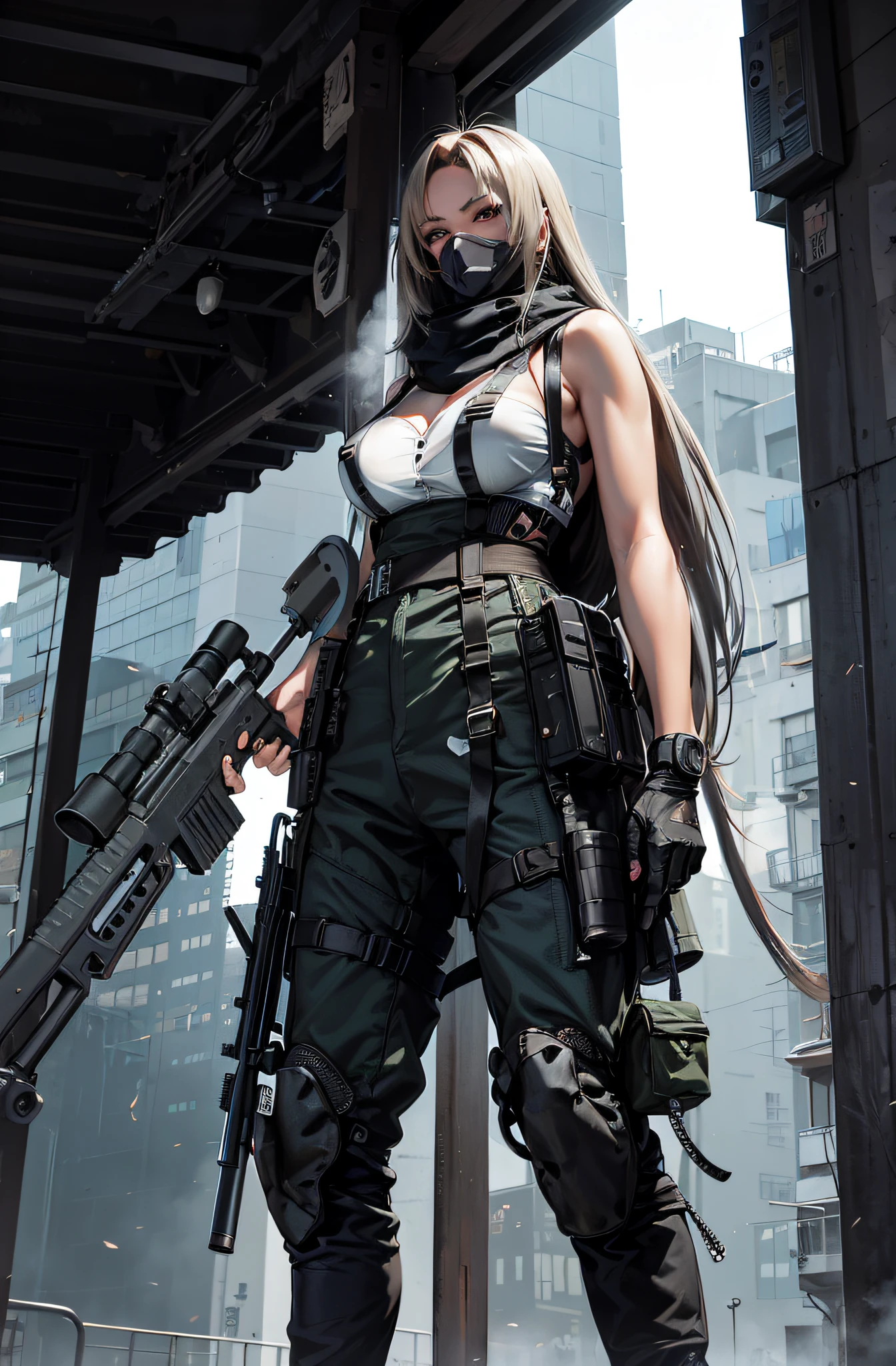 There is a woman in a gas mask with a gun, M4 Sopmod II Girls Frontline, female cyberpunk anime girl, Mechanized soldier girl, Cyberpunk Anime Girl, Excellent style、huge tit、beautiful hairl、Delicat eyes、delicate finger、Beautiful eyes、badass anime 8 K, photography of a techwear woman, wearing techwear and armor, quiet from metal gear solid, from girls frontline, girls frontline style