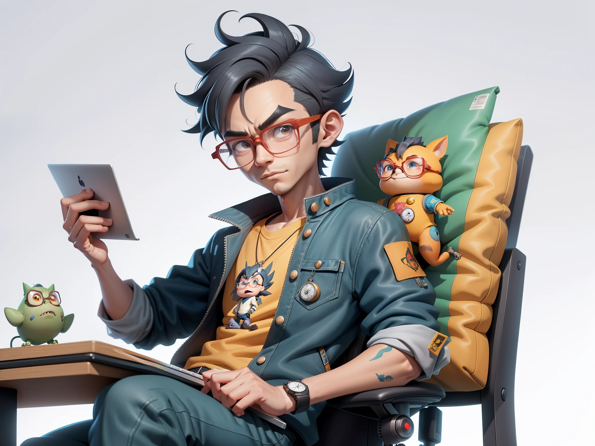 A young man with glasses sits at his desk,holding laptop,digitial painting,3D character design by Mark Clairen and Pixar and Hayao Miyazaki and Akira Toriyama,4K HD illustration,Very detailed facial features and cartoon-style visuals。