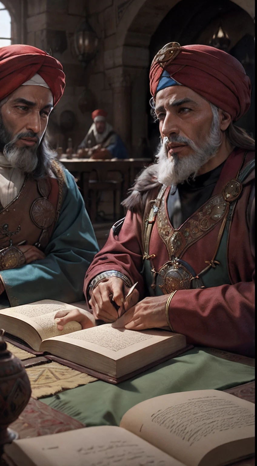 vieils hommes arabes moroccan scholars with moroccan Wear red turbans , Medieval Arabic, discussing Books palais, ou, lighting, bouteille et verre de boisson sur la table pleine de nourriture, Realstic, Detailed,