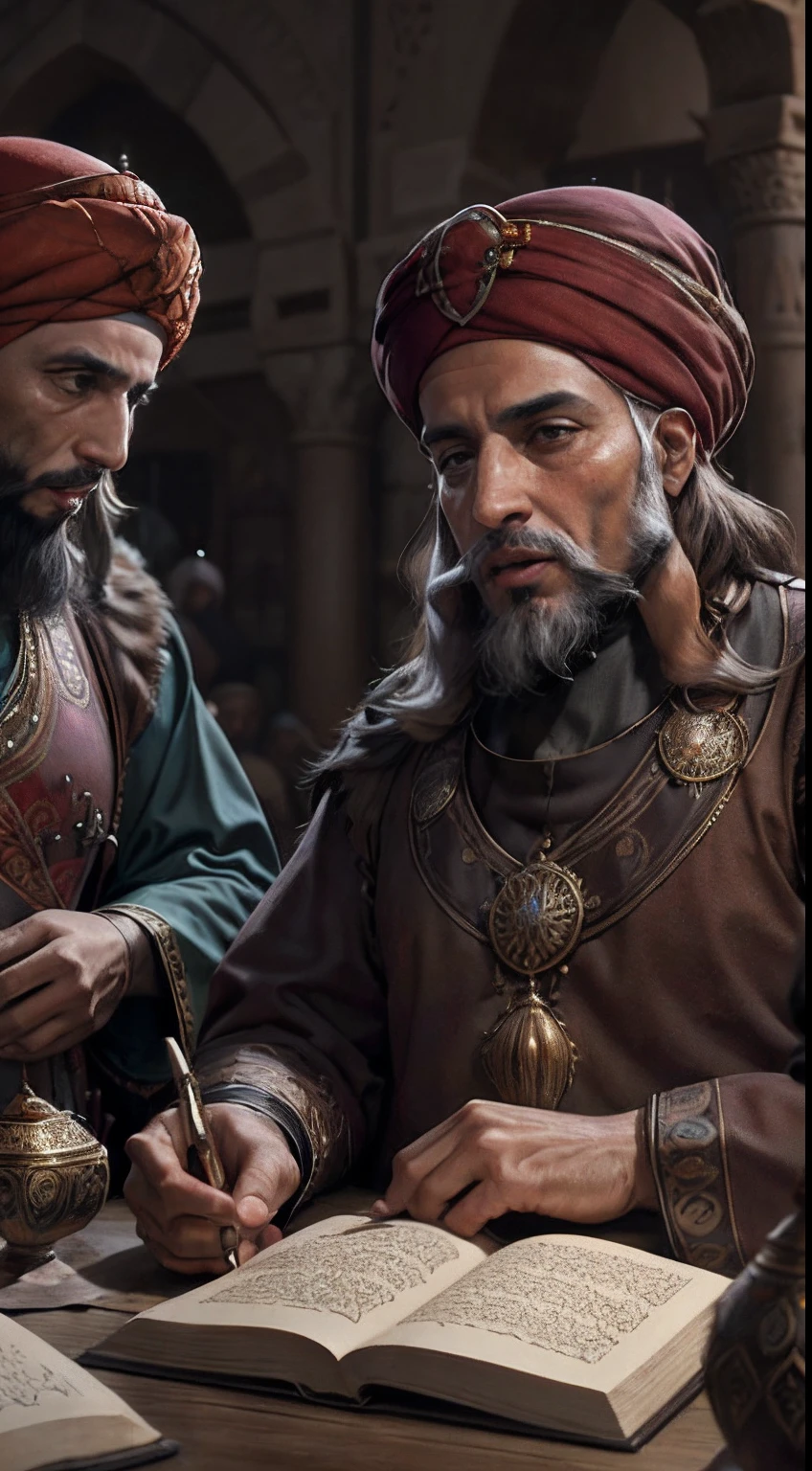 vieils hommes arabes moroccan scholars with moroccan Wear red turbans , Medieval Arabic, discussing Books palais, ou, lighting, bouteille et verre de boisson sur la table pleine de nourriture, Realstic, Detailed,