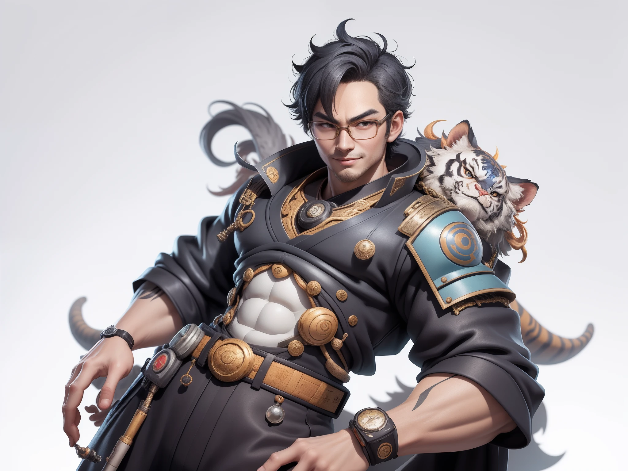 (Masterpiece), (Excellent), (Super Meticulous), (Full Body: 1.2), Super Young Man with Japanese Female Geisha, Pretty, Beautiful, Chinese Dragon, Tiger, Wind God Thor, Sexy, Bursting, Oriental Face, TV Anchor, Bust Portrait Illustration, Black Suit, Blue Tie, Slightly Chubby Face, Silver Glasses, Very Clean Face, No Beard on Chin, Black Super Short Hair, Black Eyes, Confident Smile, 3c Computer Sub-Products, iPad, iPhone, Digital Painting, 3D character design by Mark Clairedon and Pixar and Hayao Miyazaki and Akira Toriyama, the illustrations are HD illustrations in 4K resolution with highly detailed facial features and cartoon-style visuals.