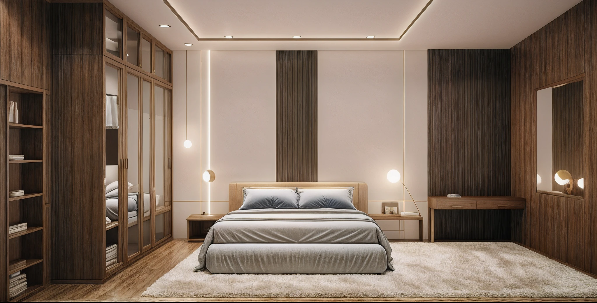 morden bedroom design, cream tones, 1 bed, white wall at head bed:1.4, 1 bedside table, 1 night light, bedside cabinet, 1 makeup drawer, 1 floor carpet  blue, (wood floor:1.3) , leveled plaster ceiling with moldings , 1 gray curtain with glass wall, luxurious, elegant, surreal, 8k resolution, render vray, rendered by unreal engineer 8k, best quality, super product, masterpiece, super detailed, extremely detailed,(masterpiece),(high quality), best quality, real,(realistic), super detailed, (full detail),(4k),8k, 1 miror for makeup