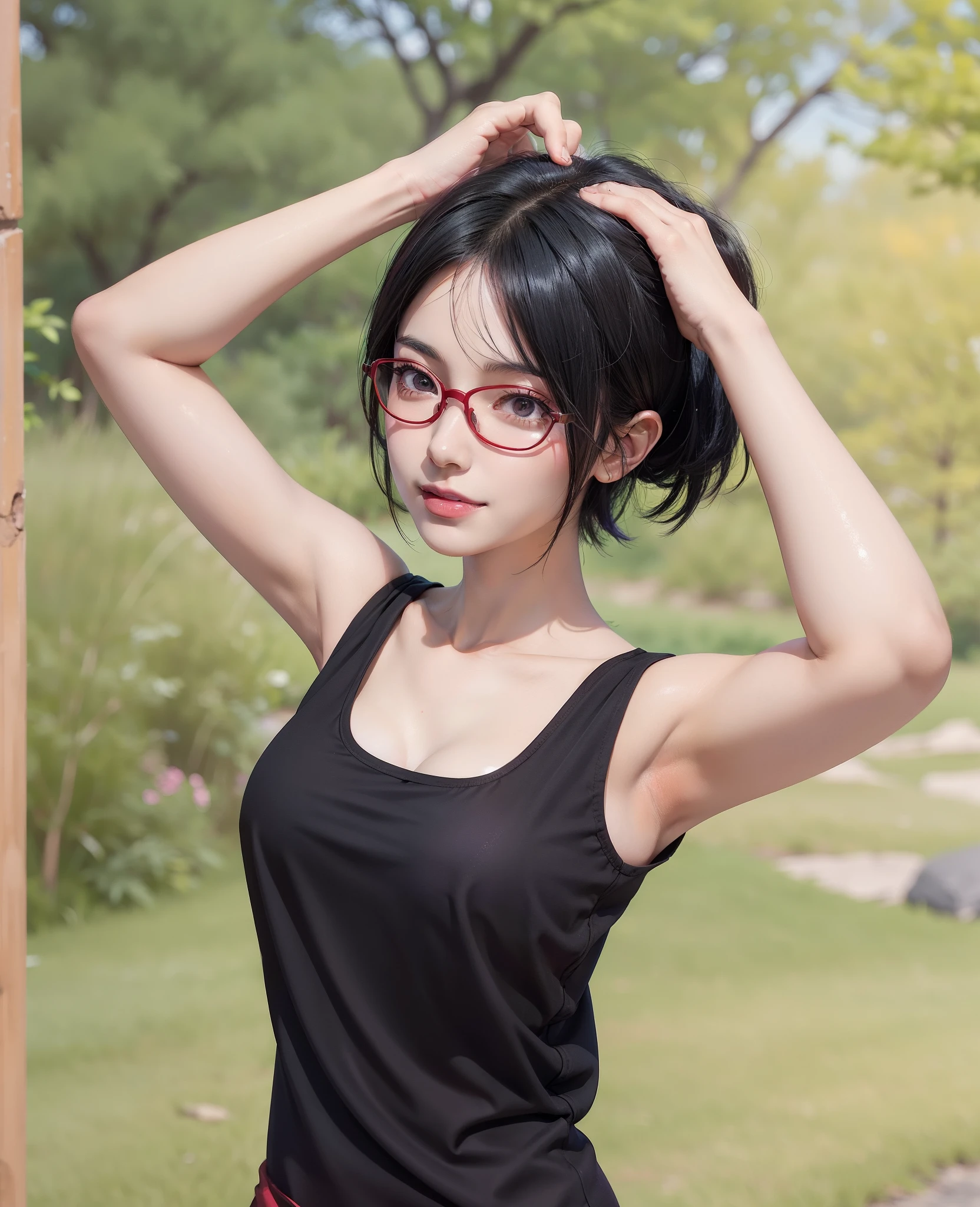 1girl, uchiha sarada in anime boruto, short hair, black hair, brown eyes, wearing red glasses, smile, beautiful, sexy clothes, sexy dress, red clothes, very big breast, realistic clothes, purple clothes, outdoor background, ultra detail, realistic