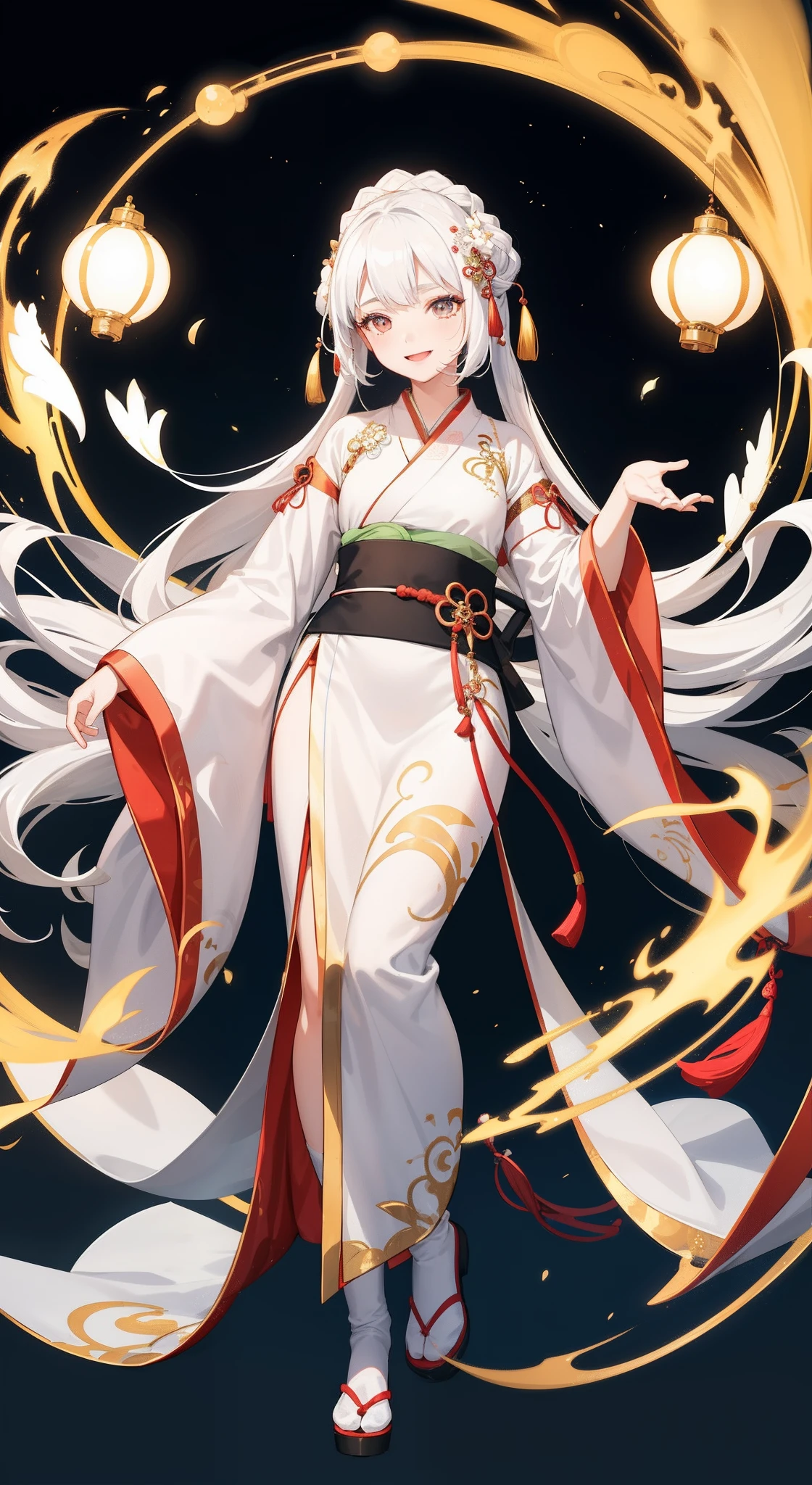 A beautiful girl, with long golden like hair and silver eyes, a red pin on her hair, and rose red lips. She wears a traditional japanese white kimono with revealing shoulders, full of beautiful grey and red details, holds a red glass like sphere with its center glowing an orange light. She stands in such elegance resembling a goddess. The background is covered in snow, with a sky of night. Full body picture
