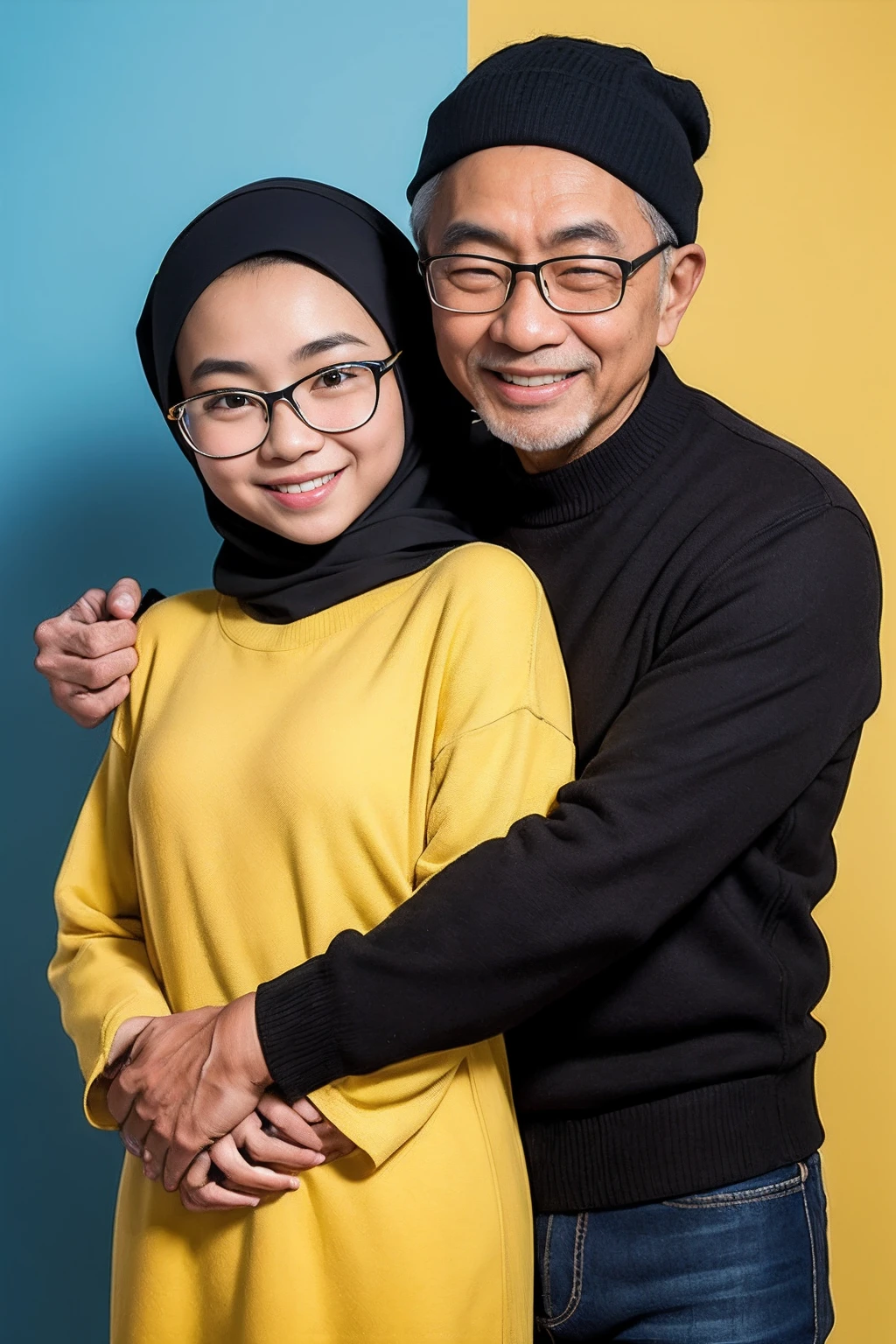 (masterpiece, best quality:1.2), portrait shot, 1 young teenage ite malay girl and 1 old malay man, smiling and hugging, looking at viewer, hand on hip, girl wear black color hijab, eyewear on head, girl wear yellow winter outfit, man wear winter outfit ( yellow color), man behind girl, light blue background, studio background, family photography,