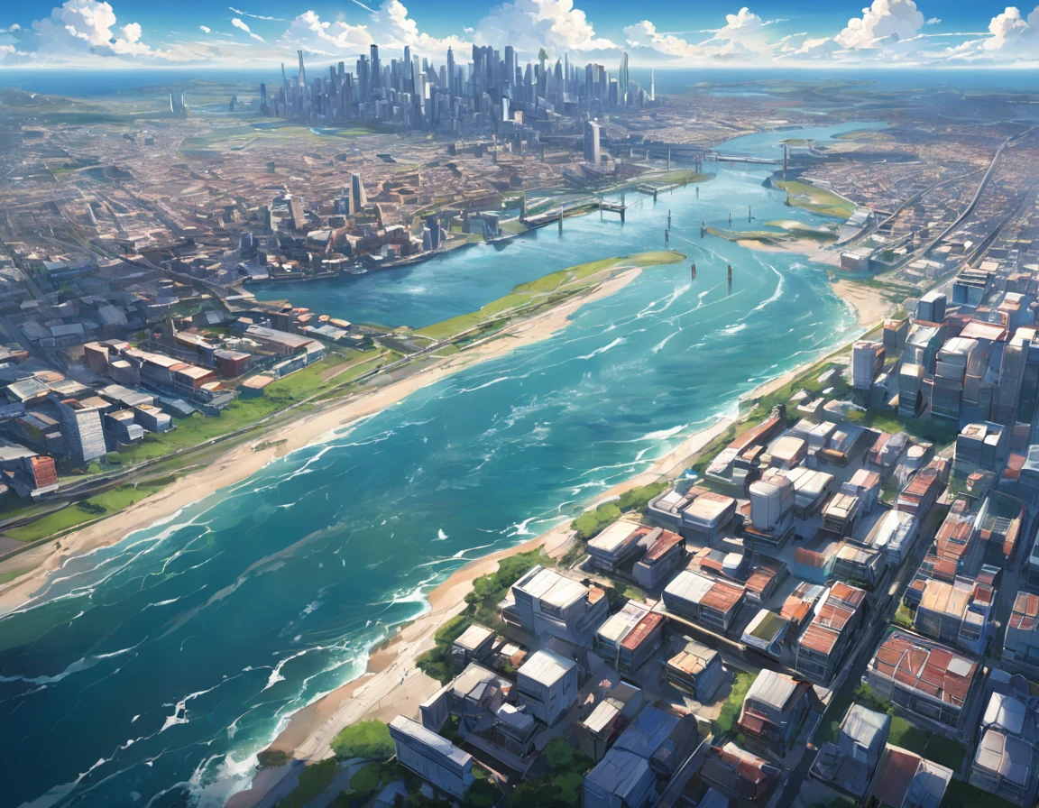 Vista aerea de ciudad indsutrial. Show in detail polluting discharges to ocean waters, The river and the lake. Enfatizar el contraste entre los desagues industrias y las aguas. Intrincado y detallado