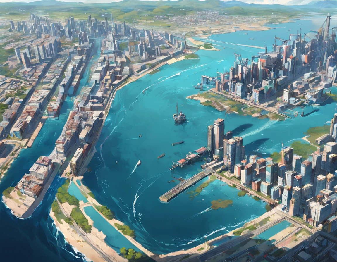 Vista aerea de ciudad indsutrial. Show in detail polluting discharges to ocean waters, The river and the lake. Enfatizar el contraste entre los desagues industrias y las aguas. Intrincado y detallado
