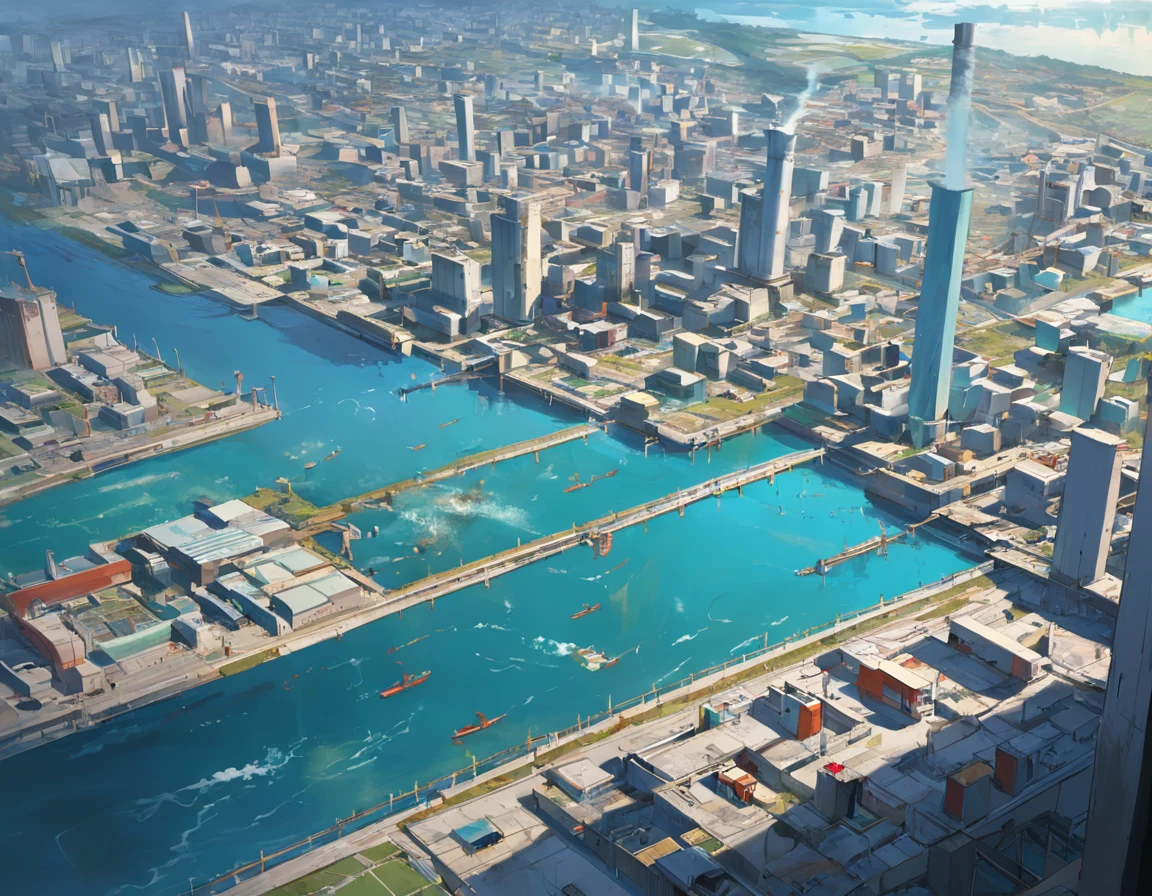 Vista aerea de ciudad indsutrial. Show in detail polluting discharges to ocean waters, The river and the lake. Enfatizar el contraste entre los desagues industrias y las aguas. Intrincado y detallado