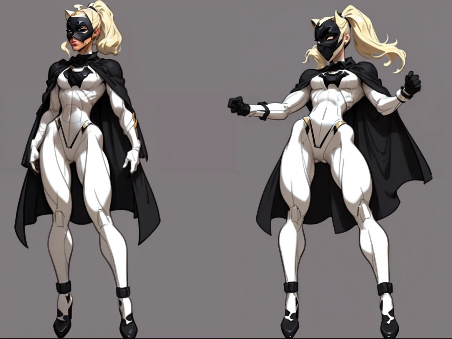((masterpiece)),(((best quality))),((character design sheet)), ((full body view)) illustration,1girl, muscular, ((white bodysuit:1.5)), (masked face:1.4) (black panther mask:1.2) superhero, (black ponytail:1.4), (black cape:1.4) beautiful woman, (small breasts:1.3)(black legs:1.3)shiny skin, (gold emblem on chest:1.2),scribbles and marks, rough sketches, pose, 8k,16k, (simple background, white background: 1.3)