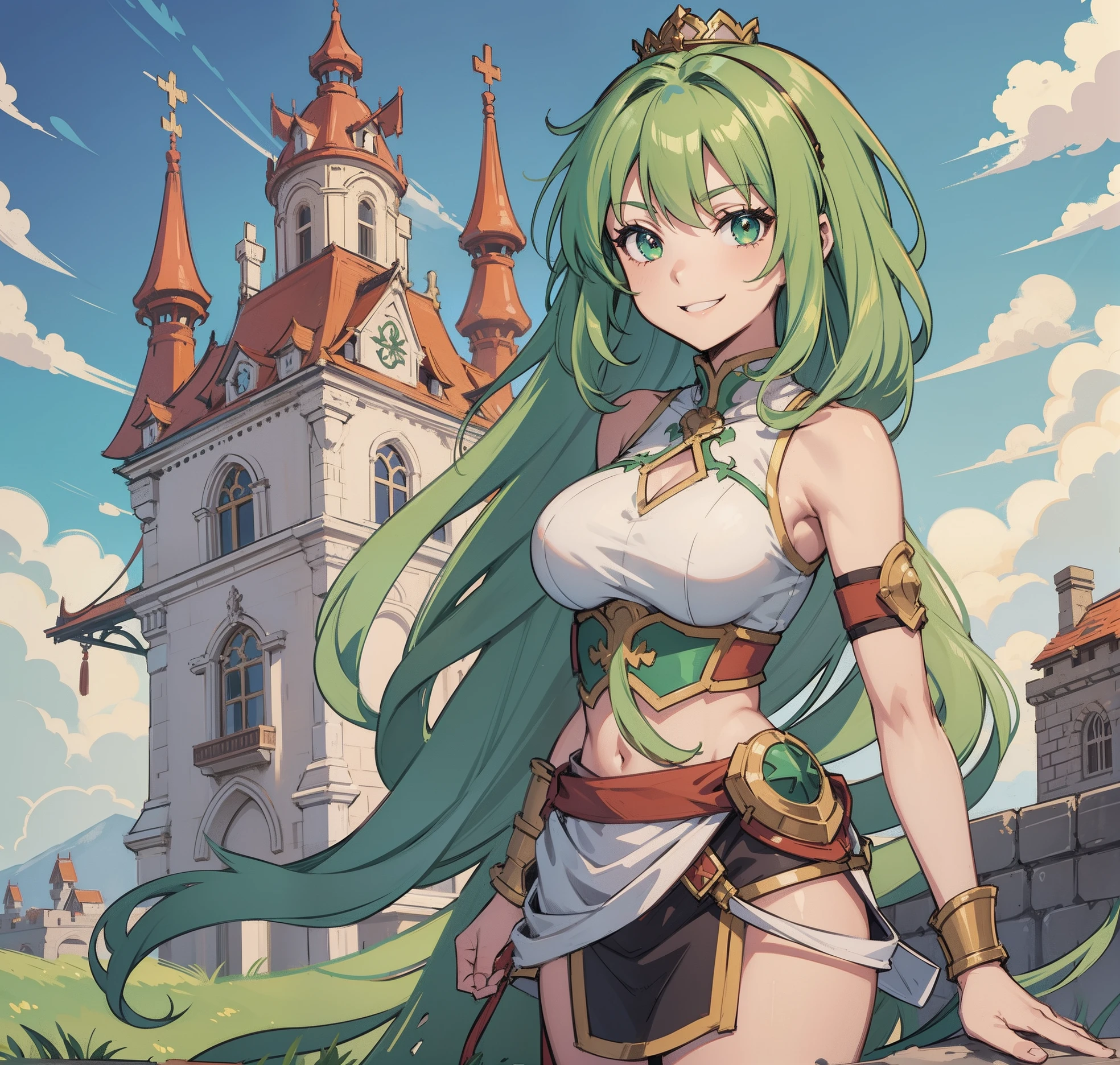 anime girl, green hair, warrior princess, full body shot, castle, sexy, large breasts, smiling, skinny, crop top, armor, crown