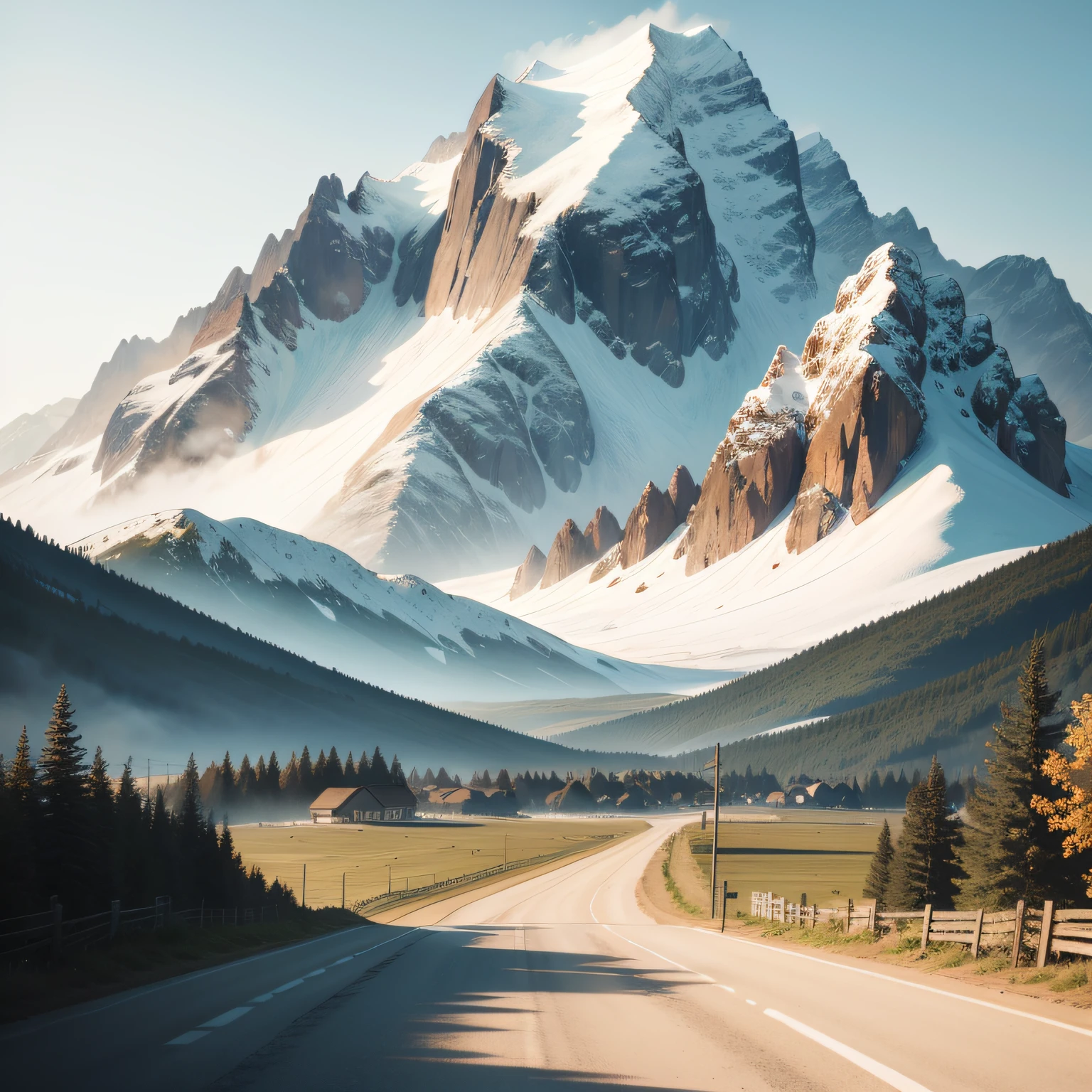 Standing on the road and looking at the top of the snowy mountain opposite, the background is a mountain, huge clouds, like marshmallows, fluffy clouds, a large number of clouds, hyper-realistic, --auto --s2