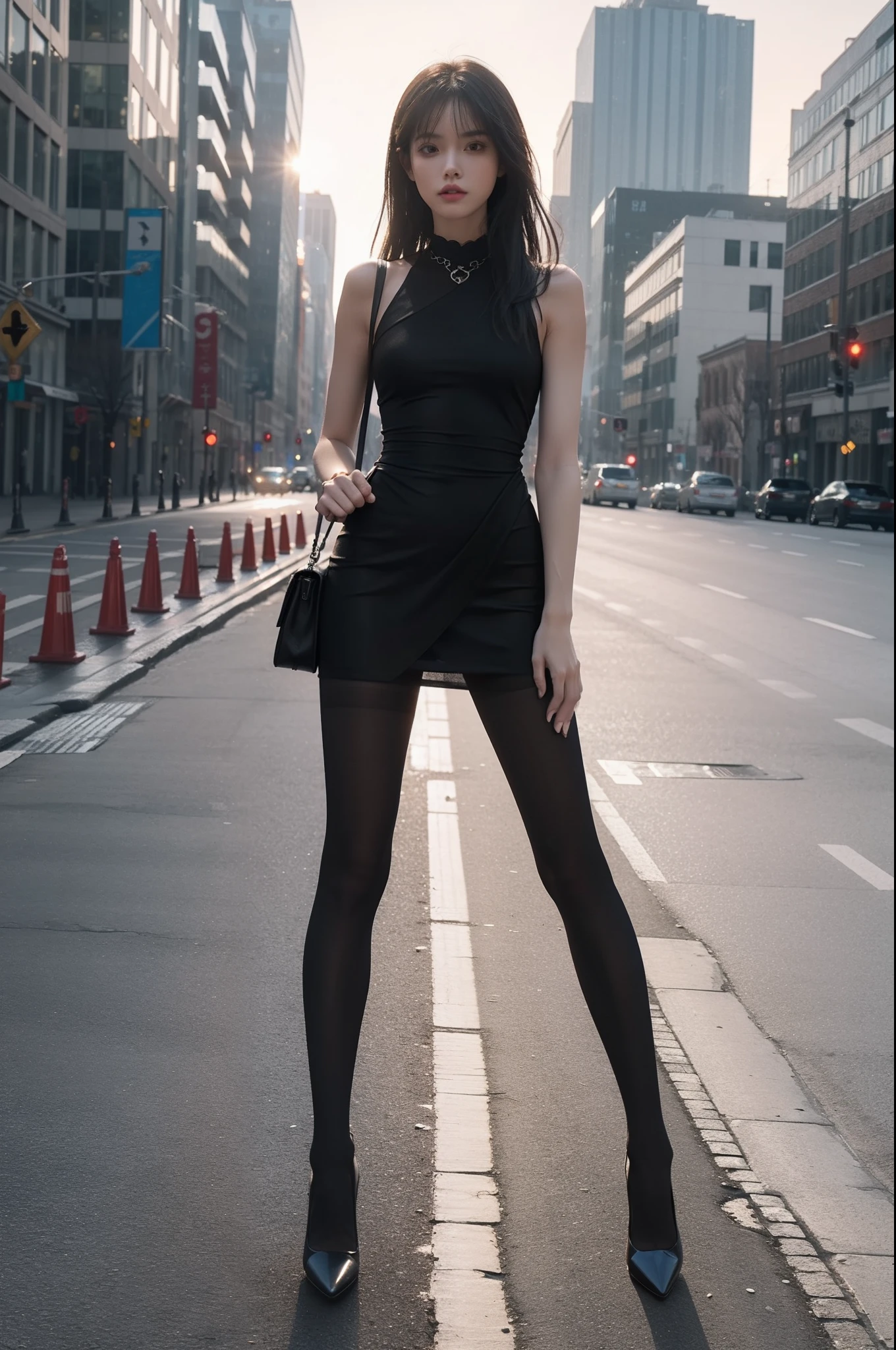 (full bodyesbian:1.5)，(1girll:1.3),(view the viewer:1.4)，(anatomy correct:1.3),(Standing in the city:1.2),(Dressed in a hot weather style dress:1.2),(Black opaque pantyhose:1.3),( Girls pointed-toe thick heels :1.1)，(Accurate and perfect face:1.3),(Long legs:1.9),hyper HD, Ray traching, reflective light， structurally correct, Award-Awarded, High detail, Fade-in and fade-out shadow contrast, Face lighting ，Cinematic lighting, Masterpiece, super detailing, High quality, High detail, Best quality, 16k，High contrast,