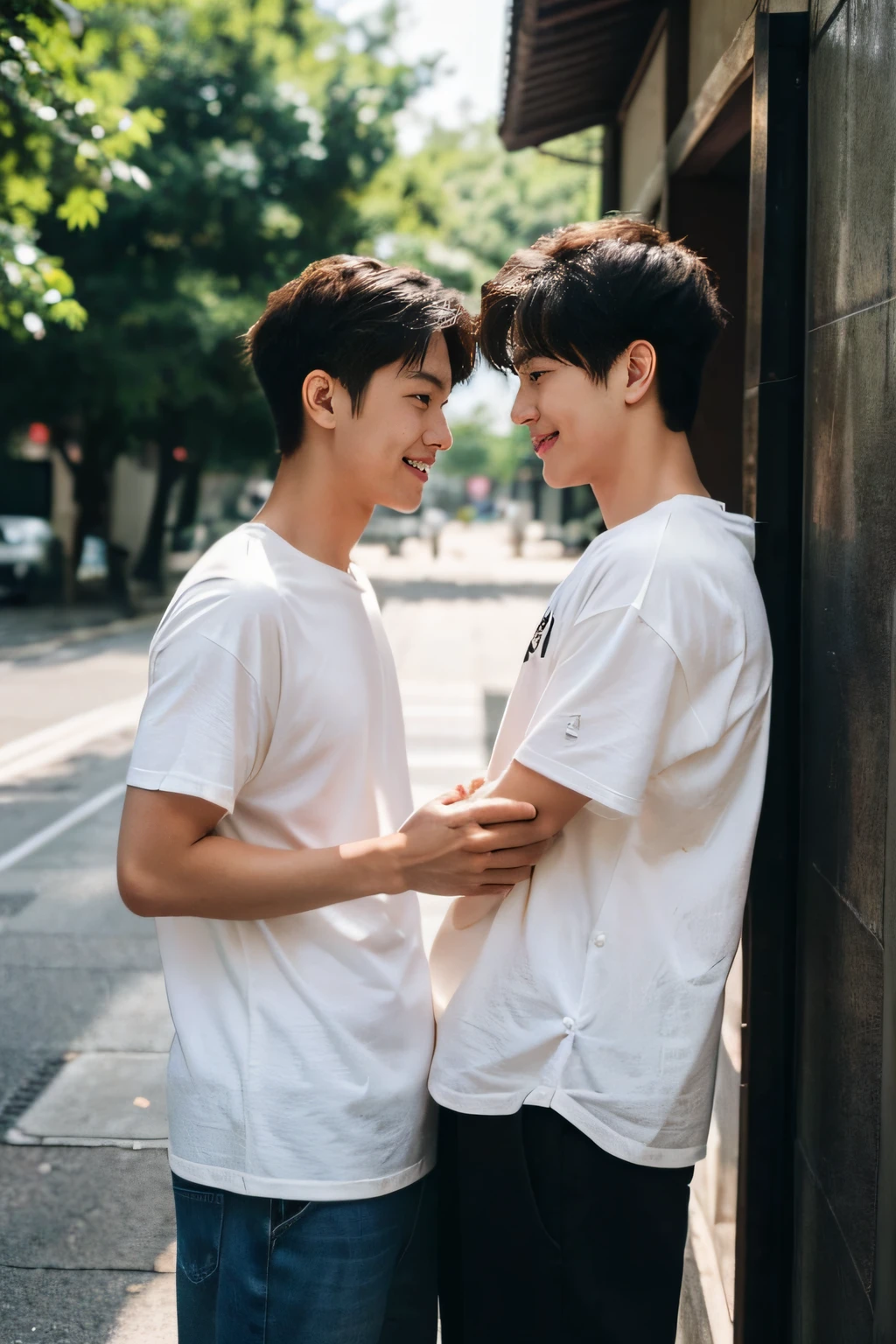(male people), (Two boy couples，Same height，Two college students,different hair style), (28 year old), （beachside）, Look each other in the eye，Side Body，Film texture, Japanese film，真实感，Real Human, Nice light and shadow, The background is blurred out, long eyelasher,The upper part of the body, 二重まぶた, Handsome，youthfulness，freshen，Asian people，is shy，Fashionab，ssmile，largeeyes，Round eyes，
