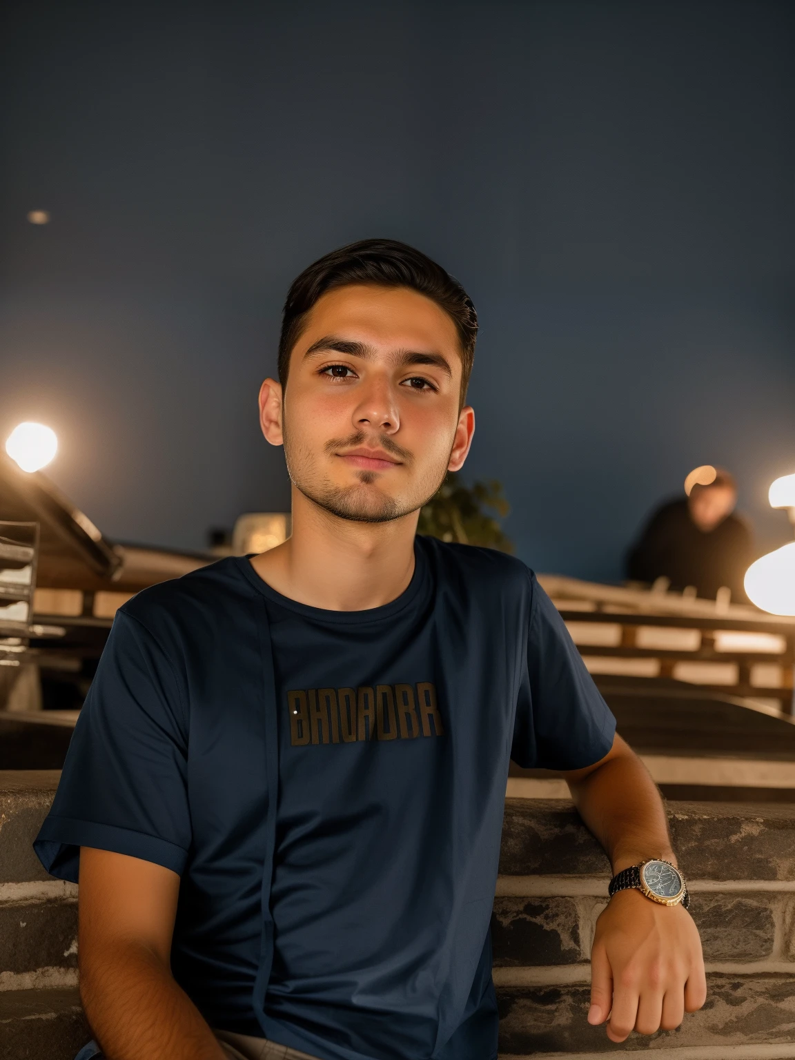 a boy with small beard hair sitting in dark realistic with dark blue shirt