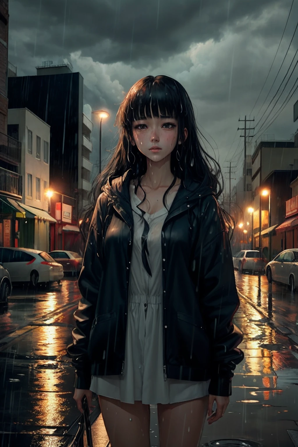 Beautiful anime girl at night and under the rain, 25 years old, sad, long black hair and bangs, looking at the sky, messy and wet hair,