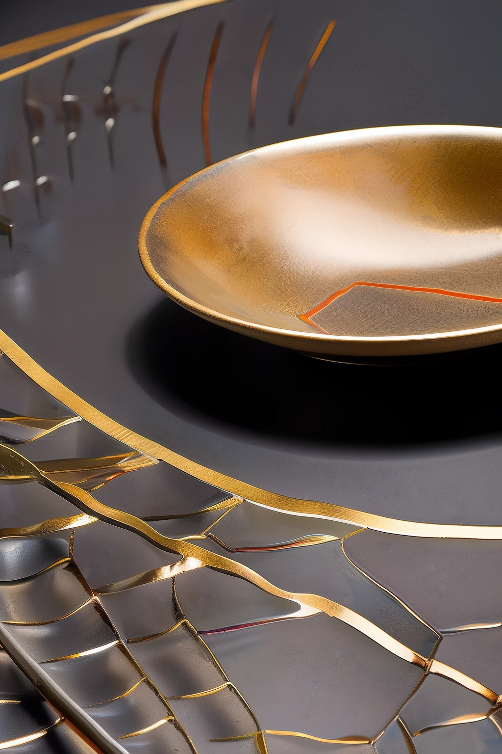 Beautiful kintsugi pattern、Adds color to ancient ceramics。Pottery cracks are、Connected by delicate metal wires、Traces of damage have been turned into beautiful decorations。By the technique of kintsugi、Damaged parts are made in gold or silver、It is sublimated as a pattern。The shine of metal、Symbolizes the fusion of ancient history and art。The densely arranged pattern is、Covering the ceramic surface、It creates attractive visual depth。Metal shines depending on how light hits、The way the pattern emerges is、It perfectly expresses the exquisite fusion of beauty and restoration。This image is、It celebrates respect and reappraisal of history and art.、You can enjoy the beauty of Kintsugi's technique.。