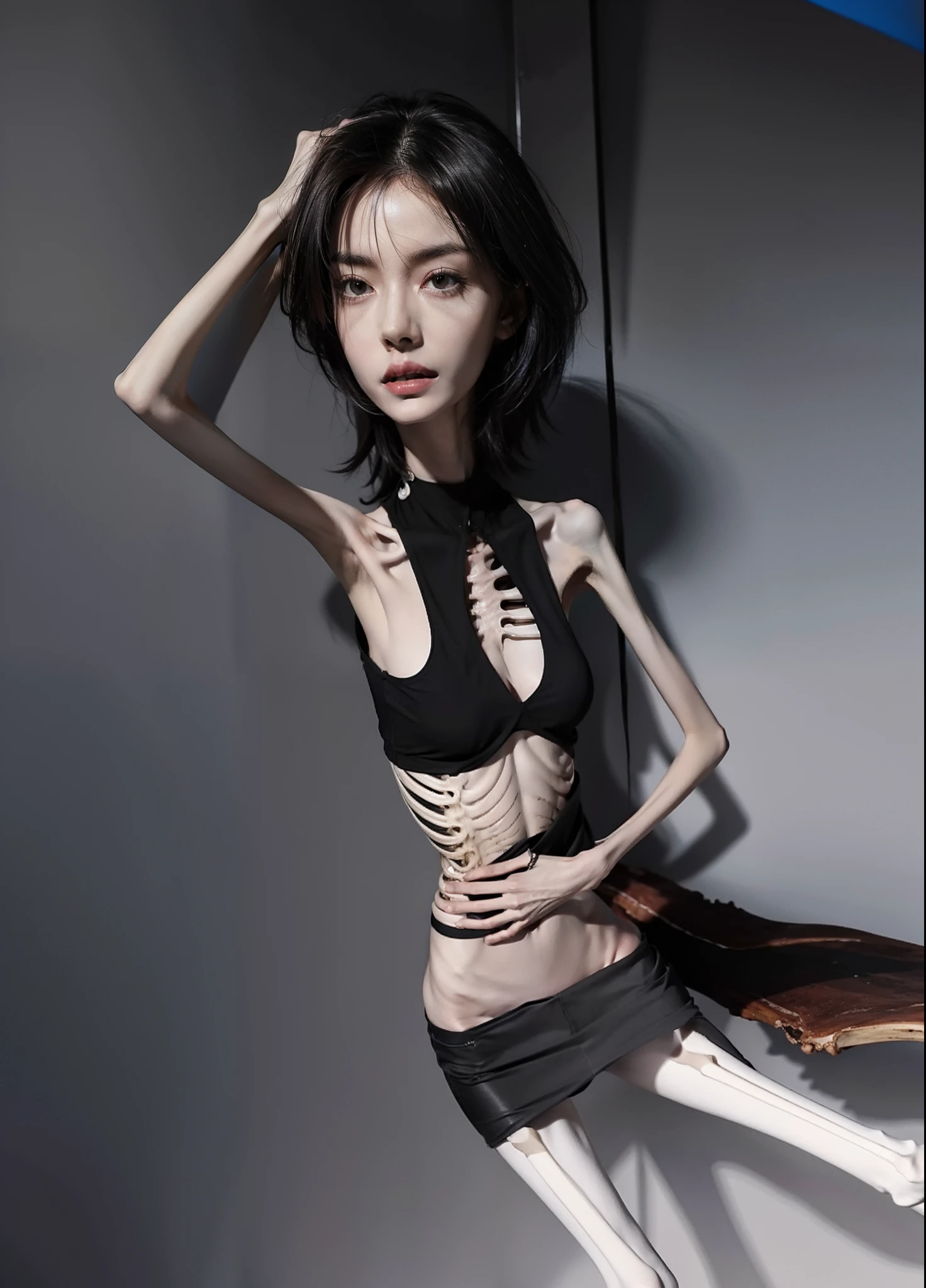 Skinny，emaciated，the ribs，innominate bone，pelvic bone，skeleton，hunger，femele，big breasts thin waist，Thin leg，Malnutrition