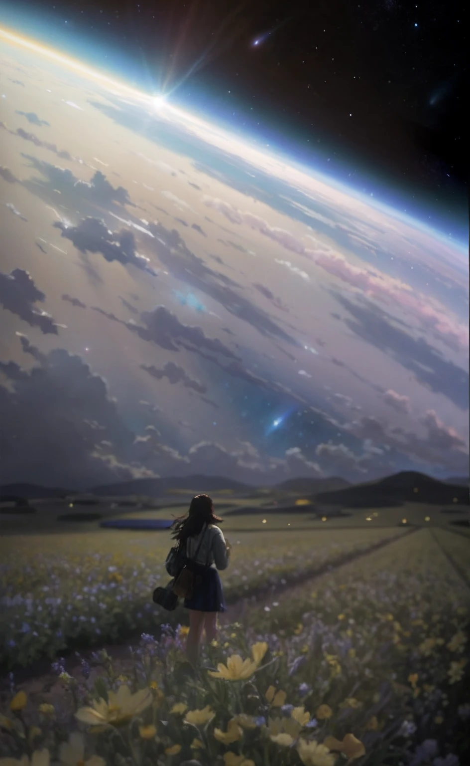 A woman stands in the view of a flower field in Alafid, looking off into space, Cosmos Sky. By Makoto Shinkai, travis scott flying over earth, nasa footage, inspired by jessica rossier, Interstellar surrealism, sitting on the cosmic cloudscape, by jessica rossier, A cena mais bonita, makoto shinkai and bioware
