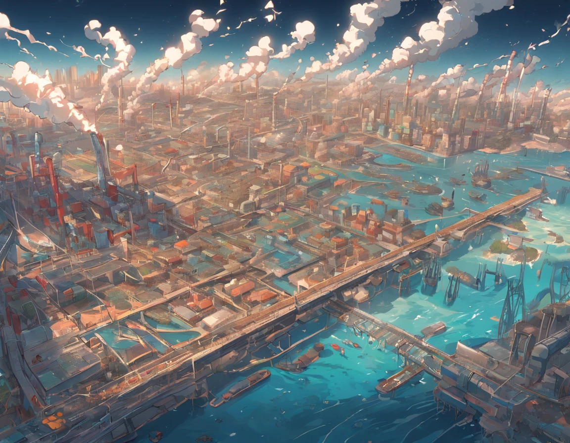 Extremely detailed representation of an industrial city, Show discharge of pollutants into the ocean, River and lake. Enfatizar el contraste impactante entre la industria y el agua.