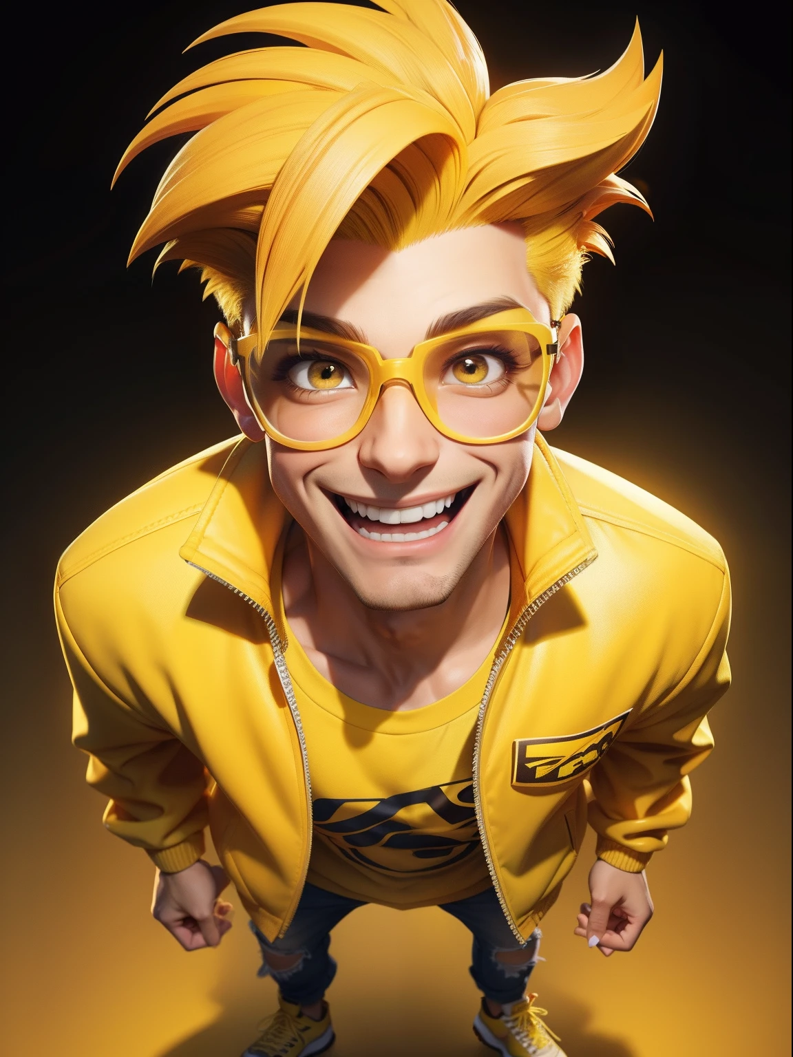 bottom view image image full body man with yellow quiff hair, wearing yellow glasses, yellow clothes,wearing yellow jacket, speaking, happy expression,great image quality on the face, body ,fild background ,style of a Disney Pixar cartoon