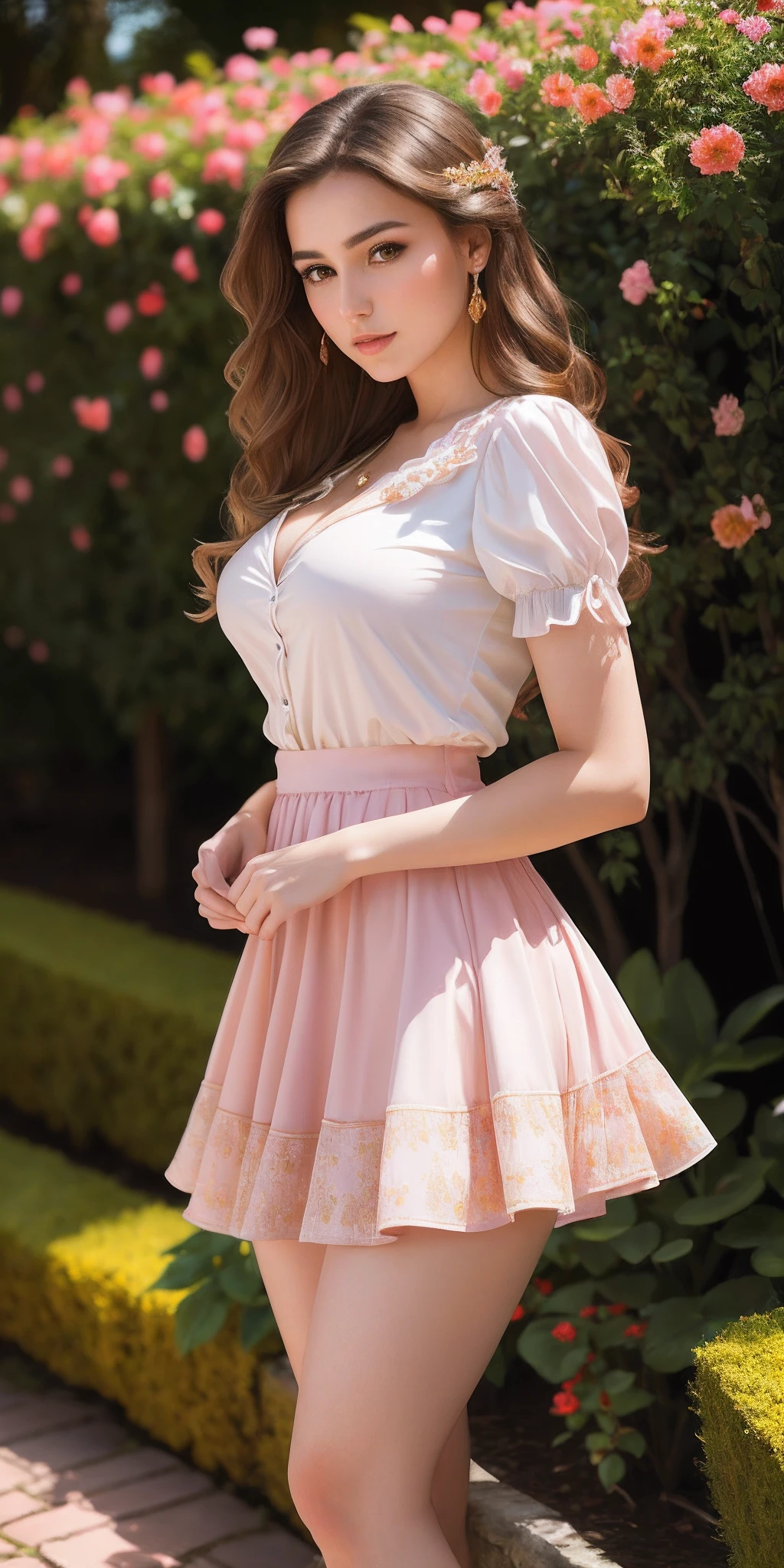 Photo of 25 year old European girl, (brown hair with extra long wavy), ((portrait)), (Detailed face: 1.2)), (Detailed facial features)), (Fine skin), pale skin, high detail and deep cleavage, slim body, (cold color), reflection, (masterpiece) (Perfect proportions) (realistic photos) (highest quality), shot with Canon EOS R5, 50mm lens, f/2.8, HDR, (8k) (wallpaper) (movie lighting) (dramatic lighting) (sharp focus) (complex), (fashion, blouse, mini flared pastel skirt), ((full body shot)), (garden background), from below