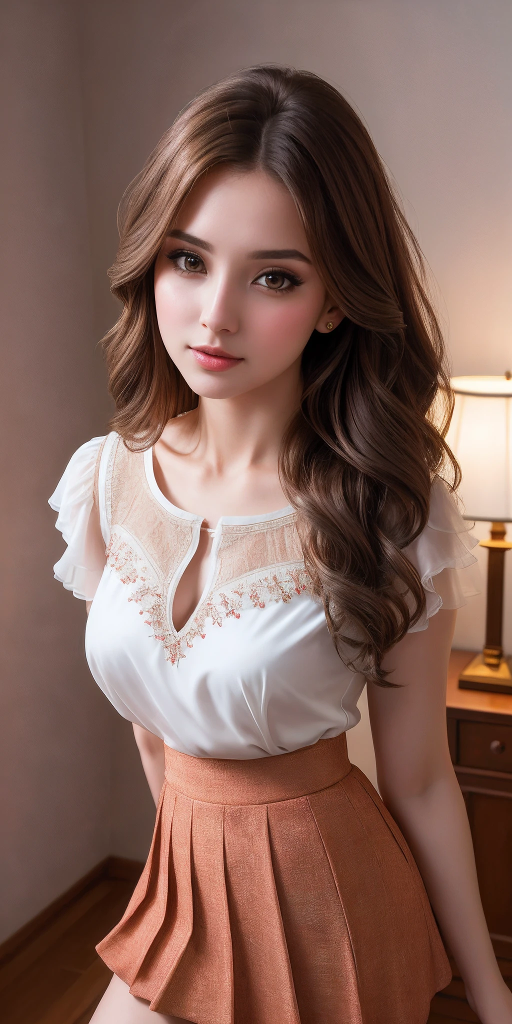 Photo of 25 year old girl, (brown hair with extra long wavy), ((portrait)), (Detailed face: 1.2)), (Detailed facial features)), (Fine skin), pale skin, high detail and deep cleavage, slim body, (cold color), reflection, (masterpiece) (Perfect proportions) (realistic photos) (highest quality), shot with Canon EOS R5, 50mm lens, f/2.8, HDR, (8k) (wallpaper) (movie lighting) (dramatic lighting) (sharp focus) (complex), (fashion, blouse, mini flared pastel skirt), ((full body shot)), (studio background), from below