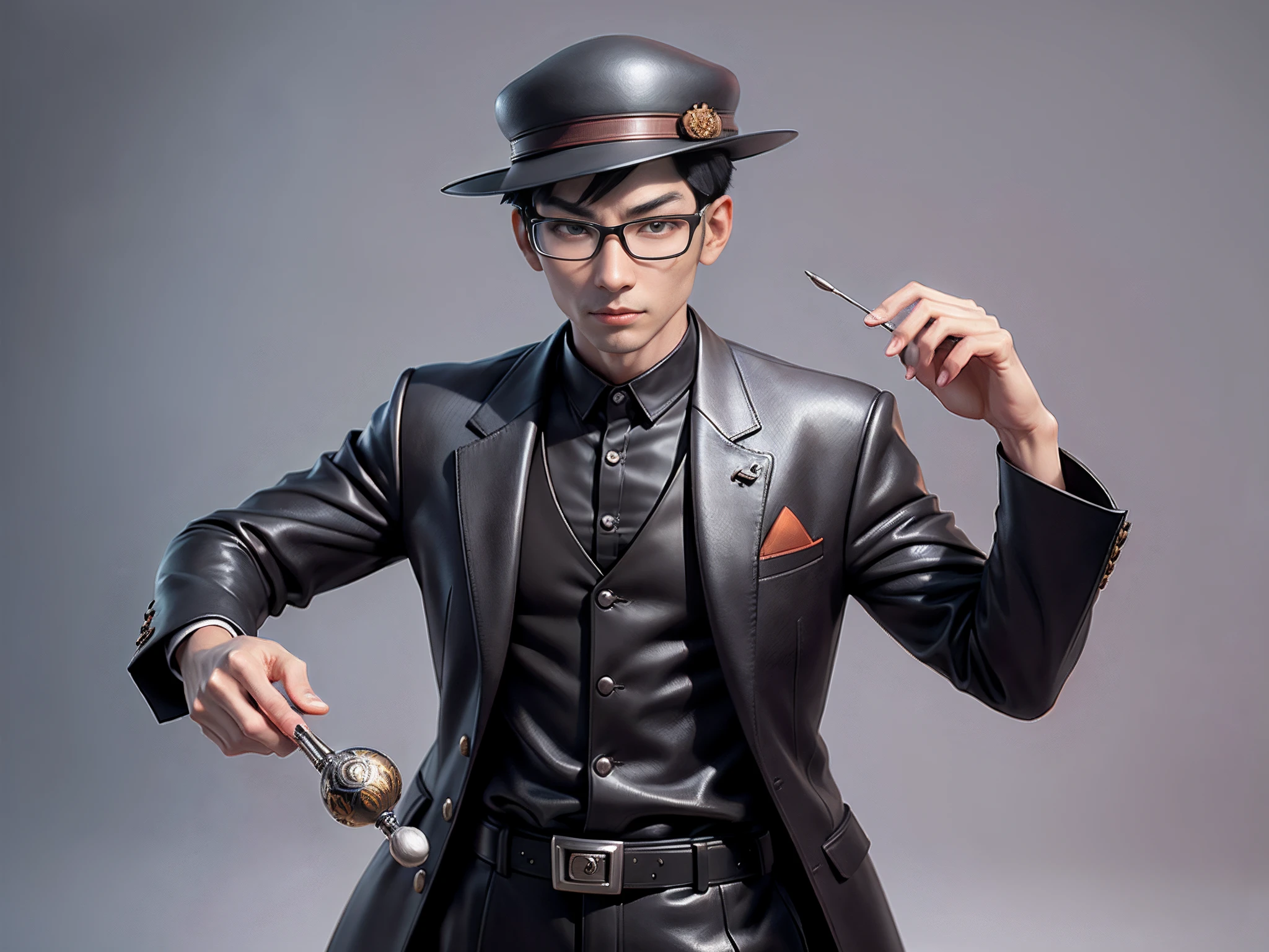Young man with oriental face in leather hat, tiger, oriental face in formal suit, short black hair, silver glasses, digital painting, 3D character design by Mark Clairedon and Pixar and Hayao Miyazaki and Akira Toriyama, the illustration is a high-definition illustration in 4K resolution with very detailed facial features and cartoon-style visuals.