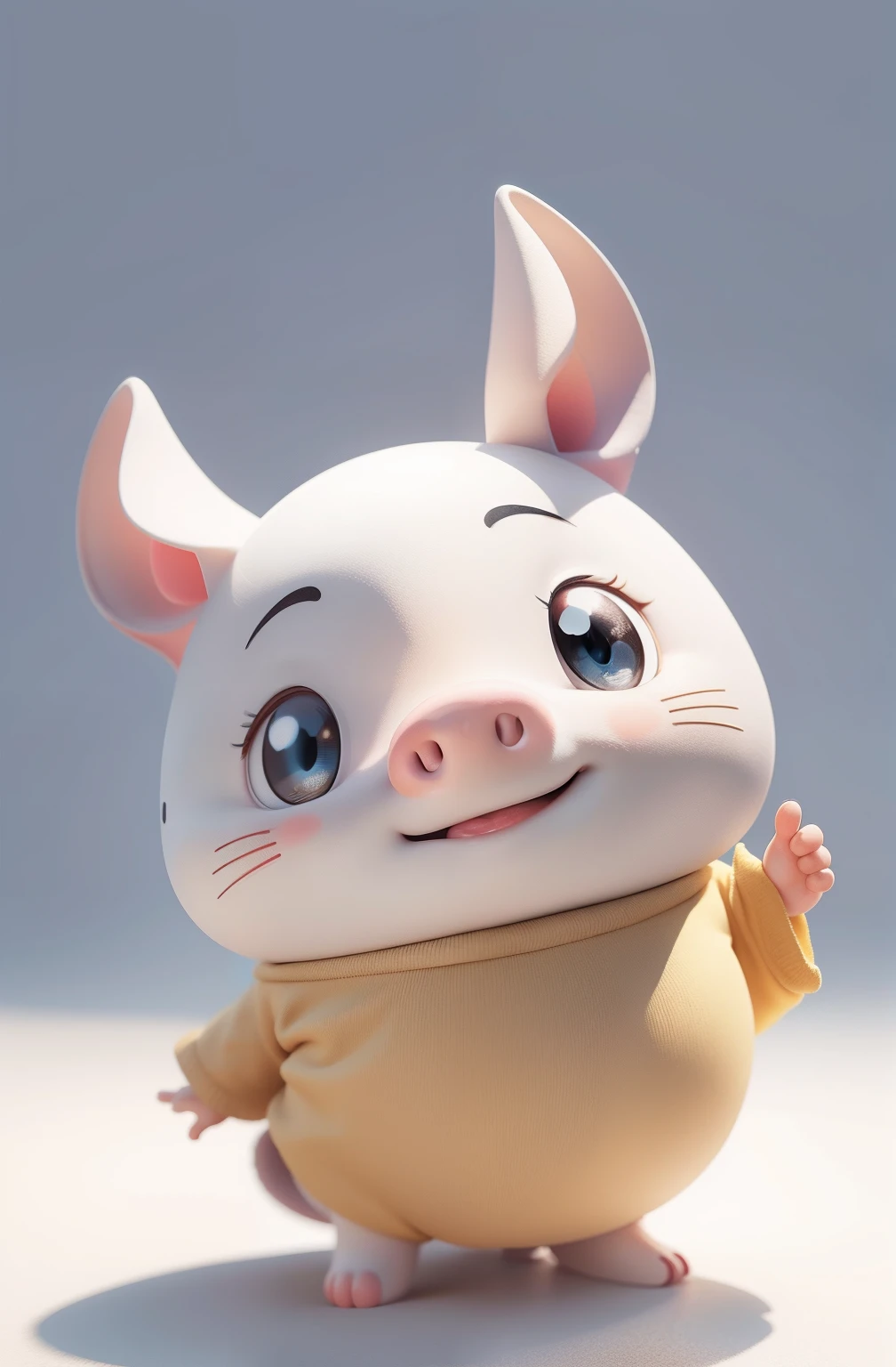 piggy ip 1，（Cartoon Cat），（White and yellow shirt），Full Vision，Round eyes，large head and small body;;，White background，natural light，10，master-piece，top-quality，high-res，Clay material，Pixar style, 3d style, C4D, blender，OC Display, Look at the screen..,