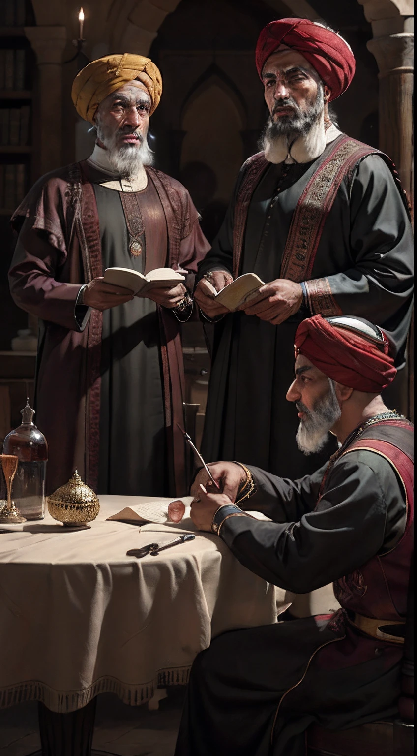 vieils hommes arabes moroccan scholars with moroccan Wear dress moroccan red turbans , super detailed faces super detailed bodies Medieval Arabic, discussing Books moroccan palais, ou, lighting, bouteille et verre de boisson sur la table pleine de nourriture, Realstic, Detailed,