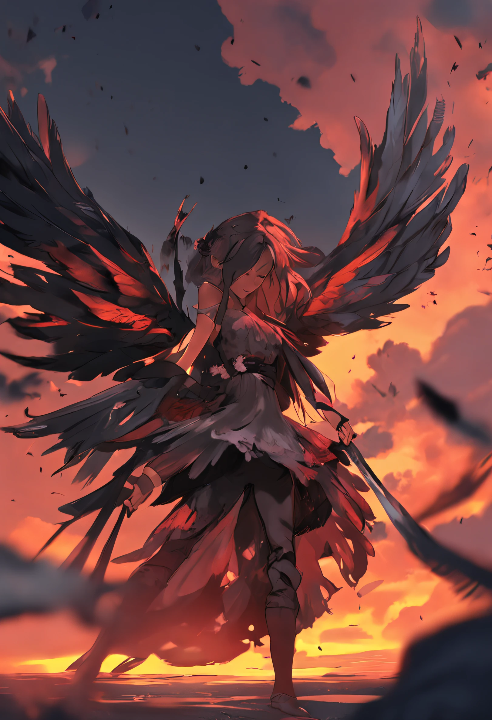 in the sunset,The little girl spreads her black wings,Long knife in hand,He looked at the man at his feet with contempt