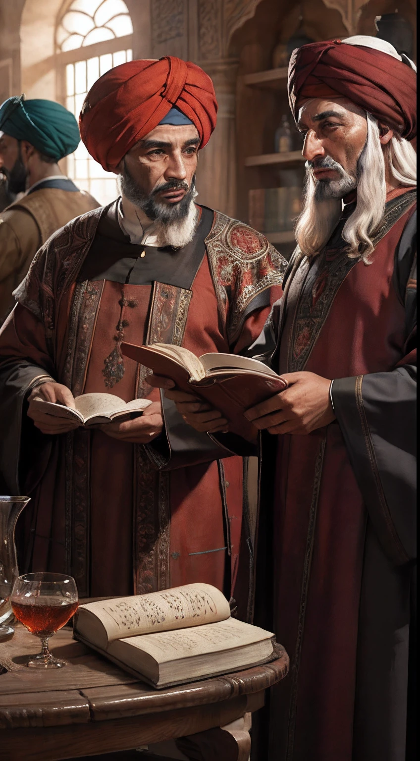 vieils hommes arabes moroccan scholars with moroccan Wear dress moroccan red turbans , super detailed faces super detailed bodies Medieval Arabic, discussing Books moroccan palais, ou, lighting, bouteille et verre de boisson sur la table pleine de nourriture, Realstic, Detailed,