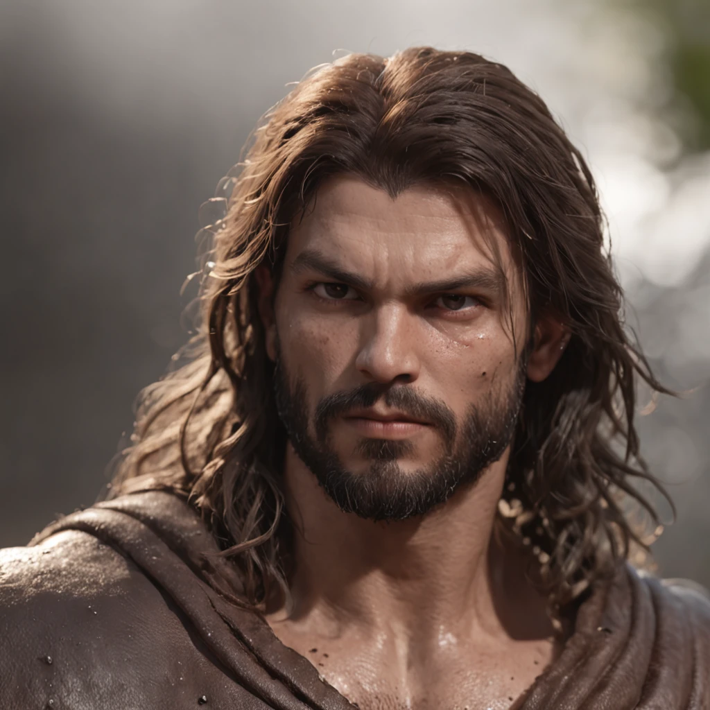 (Professional 3D rendering:1.3) de (Realistic:1.3) Foto de arte mais bonita do mundo,Features soft, bright male heroes, ((Epic hero fantasy rough muscular man wet hero angry look long hair short beard and fierce expression in dynamic pose, fantastic location, majestoso ambiente desordenado)), corpo inteiro 8k unidade render, action shot, poros da pele, very dark lighting, sombreamento pesado, circunstanciado, Rosto detalhado, (vibrante, fotogrdeia realista, Realistic, Dramatic, Escuro, foco nítido, 8k), (Old leather clothes damaged by bad weather:1.4), ((((Use peles)))), (intrincado:1.4), decadente, (altamente detalhado:1.4), pintura digital, rendering by octane, art stations, Conceito-Arte, liso, foco nítido, illustration, germe da arte, (Loish:0.23), Wlop Ilya Kuvshinov, e Greg Rutkowski e Alphonse Mucha Gracias, (global ilumination, studiolight, Light Volumetric), chuva forte, floating particles, patife, fantasia, Onze, corpo inteiroesbian, ((Fundo escuro e antigo da cidade:1.3)),CGSesociedade,art stations