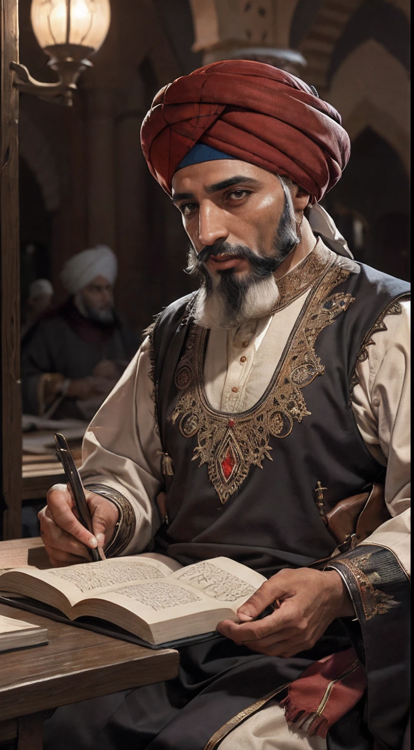 vieils hommes arabes moroccan scholars with moroccan Wear dress moroccan red turbans , super detailed faces super detailed bodies Medieval Arabic, discussing Books moroccan palais, ou, lighting, bouteille et verre de boisson sur la table pleine de nourriture, Realstic, Detailed,