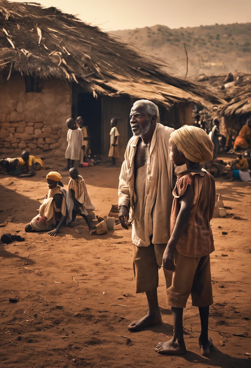 Old black man tells a story in a poor village to his black children all wearing whites, are umbandistas