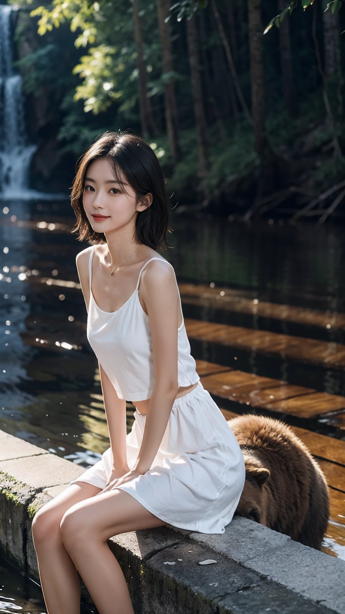 ((smallunderboob,Tomboyish,small heads)), (Well-defined abs: 1.1), (perfect bodies: 1.1), (short-length straighthair: 1.2), Black hair,attractive collarbone，（极其细致的CG 8k壁纸），（Extremely refined and beautiful），（tmasterpiece），（best qualtiy：1.0），（超高分辨率：1.0），upper body photos，[A high resolution]，Dark light，A beautyful girl，Smooth and flawless fair skin，ultra - detailed ，Elongated legs，flatchest，Slim，emaciated，White dress-style long shirt，Dark forest，small stream，Ride on the back of a giant brown bear，ssmile，cheerfulness，Character medium view