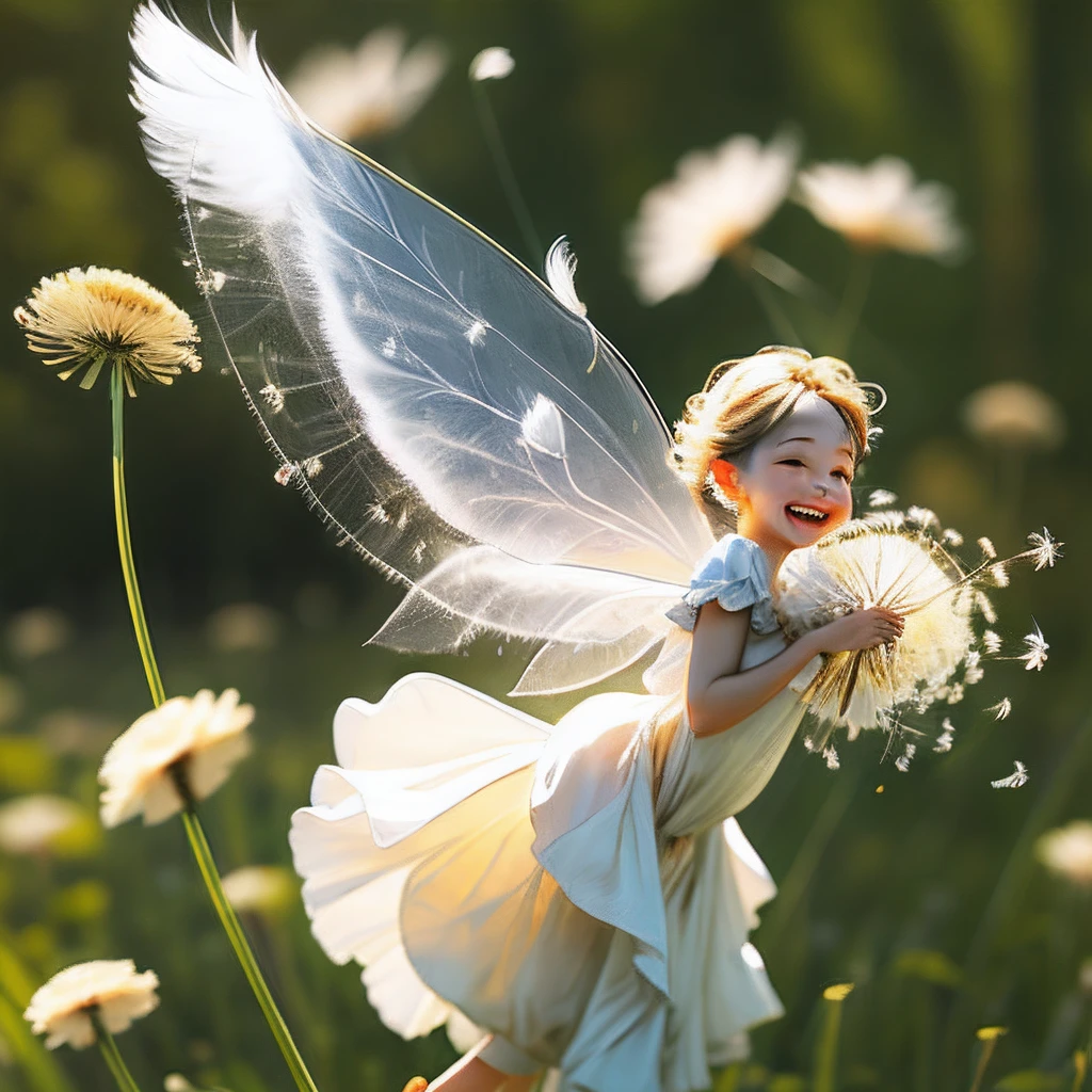 Fairy grabbing dandelion fluff and flying、Transparent feathers、Smiling、