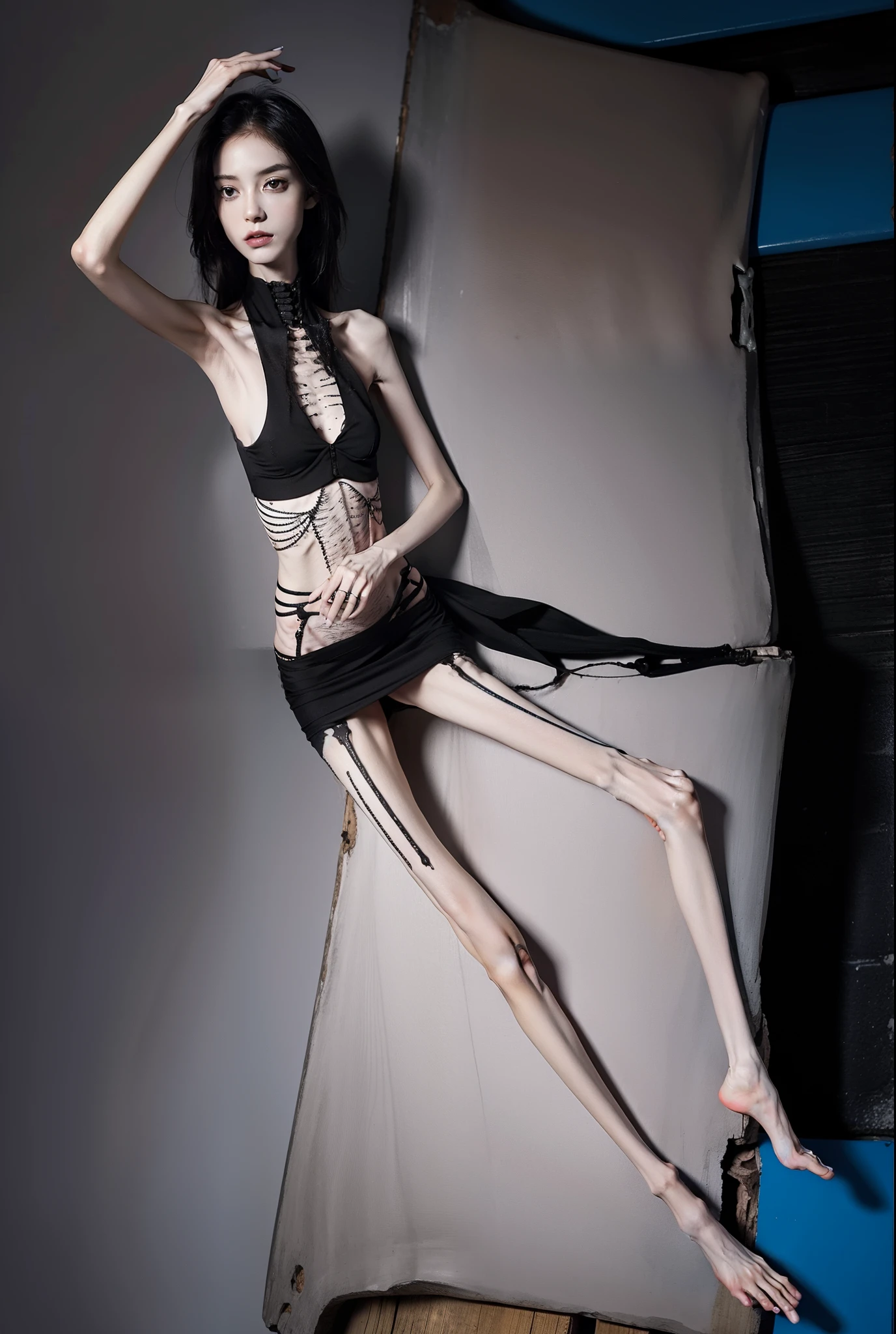 Skinny，emaciated，the ribs，innominate bone，pelvic bone，skeleton，hunger，femele，big breasts thin waist，Thin leg，Malnutrition