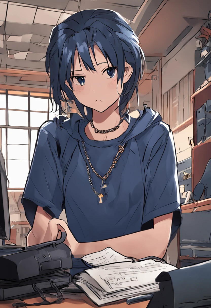 one annoyed 20 year old, female bully gym outfit, navy blue hair gothic, in bedroom, glaring at viewer in disgust, spiky necklace, carrying heavy bookbag, focus on face, blue_eyes, navy blue t-shirt, dark room