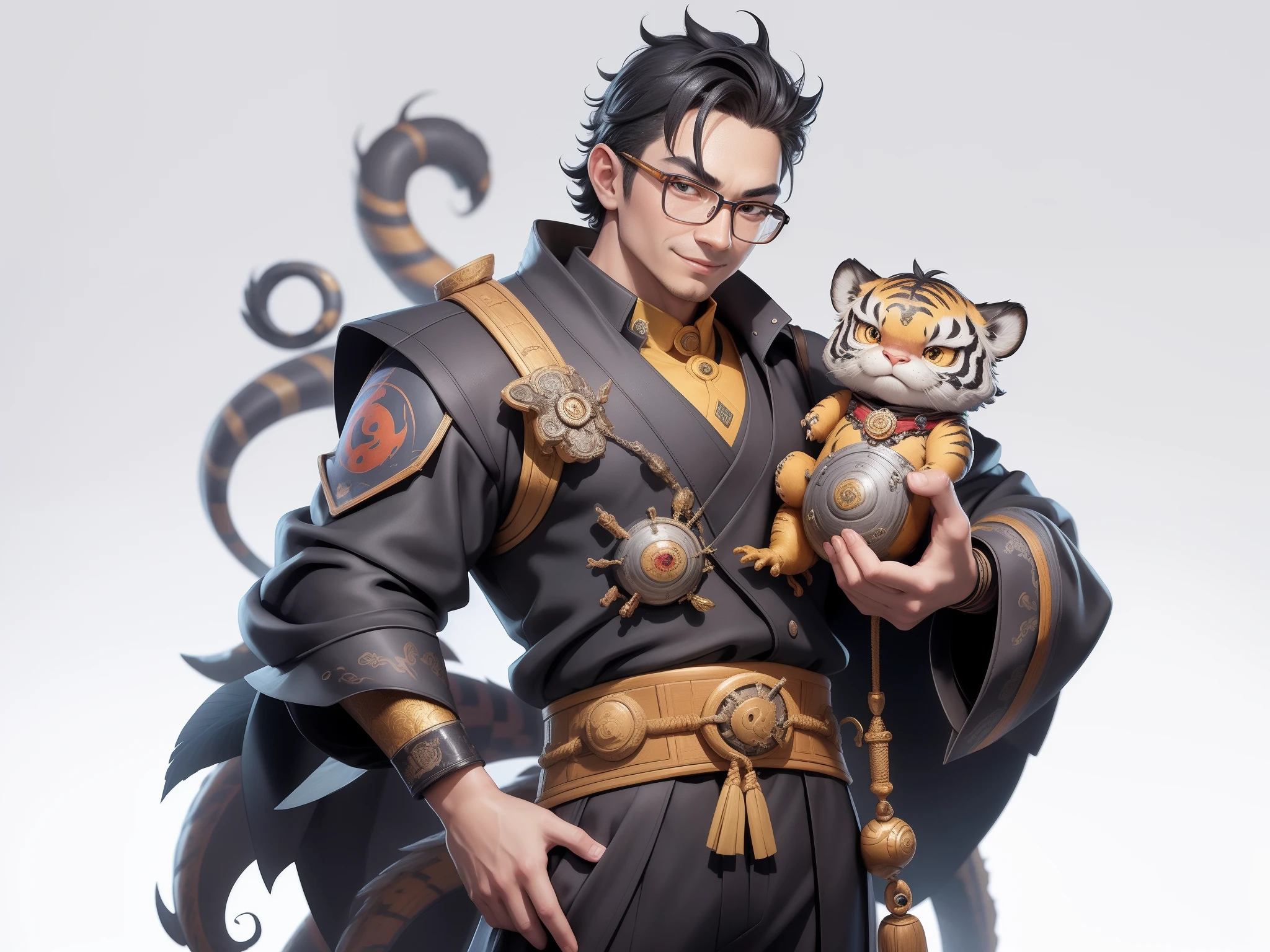 (Masterpiece), (Excellent), (Super Meticulous), (Full Body: 1.2), Super Young Man with Japanese Female Geisha, Pretty, Beautiful, Chinese Dragon, Tiger, Wind God Thor, Sexy, Bursting, Oriental Face, TV Anchor, Bust Portrait Illustration, Black Suit, Blue Tie, Slightly Chubby Face, Silver Glasses, Very Clean Face, No Beard on Chin, Black Super Short Hair, Black Eyes, Confident Smile, 3c Computer Sub-Products, iPad, iPhone, Digital Painting, 3D character design by Mark Clairedon and Pixar and Hayao Miyazaki and Akira Toriyama, the illustrations are HD illustrations in 4K resolution with highly detailed facial features and cartoon-style visuals.