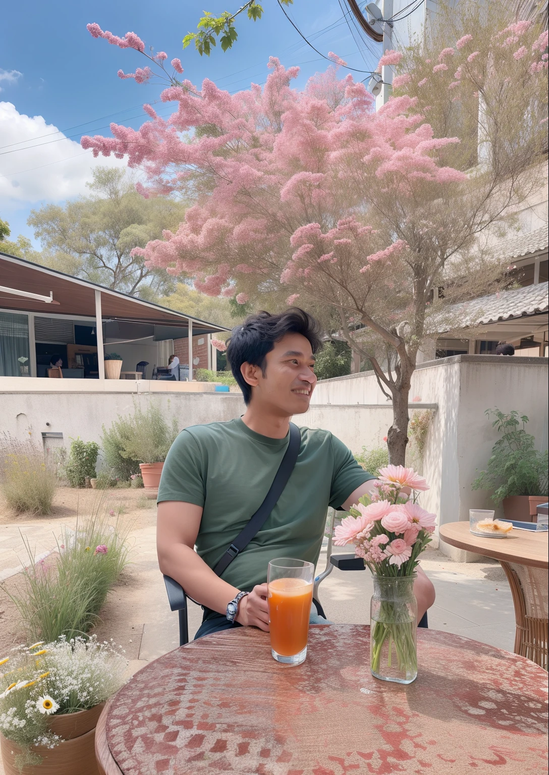 there is a man sitting at a table with a vase of flowers ,sitting in a cafe alone, nivanh chanthara, sitting in a cafe, phong shaded, with backdrop of natural light