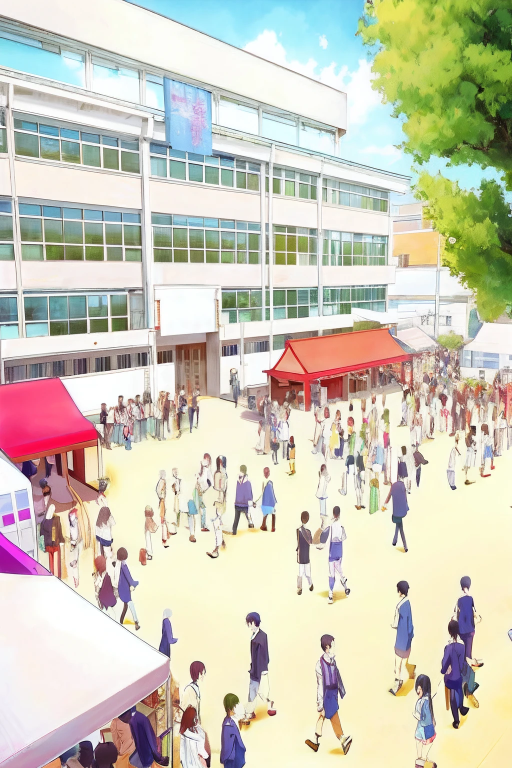 anime scene of a crowd of people walking around a building, kyoto animation still, japanese high school, sankakucomplex anime image, anime scene, in style of kyoto animation, nagatoro, official anime still, tokyo anime scene, style of madhouse studio anime, highschool background, school courtyard, kyoto animation, opening scene, sunny day time, sunny environment