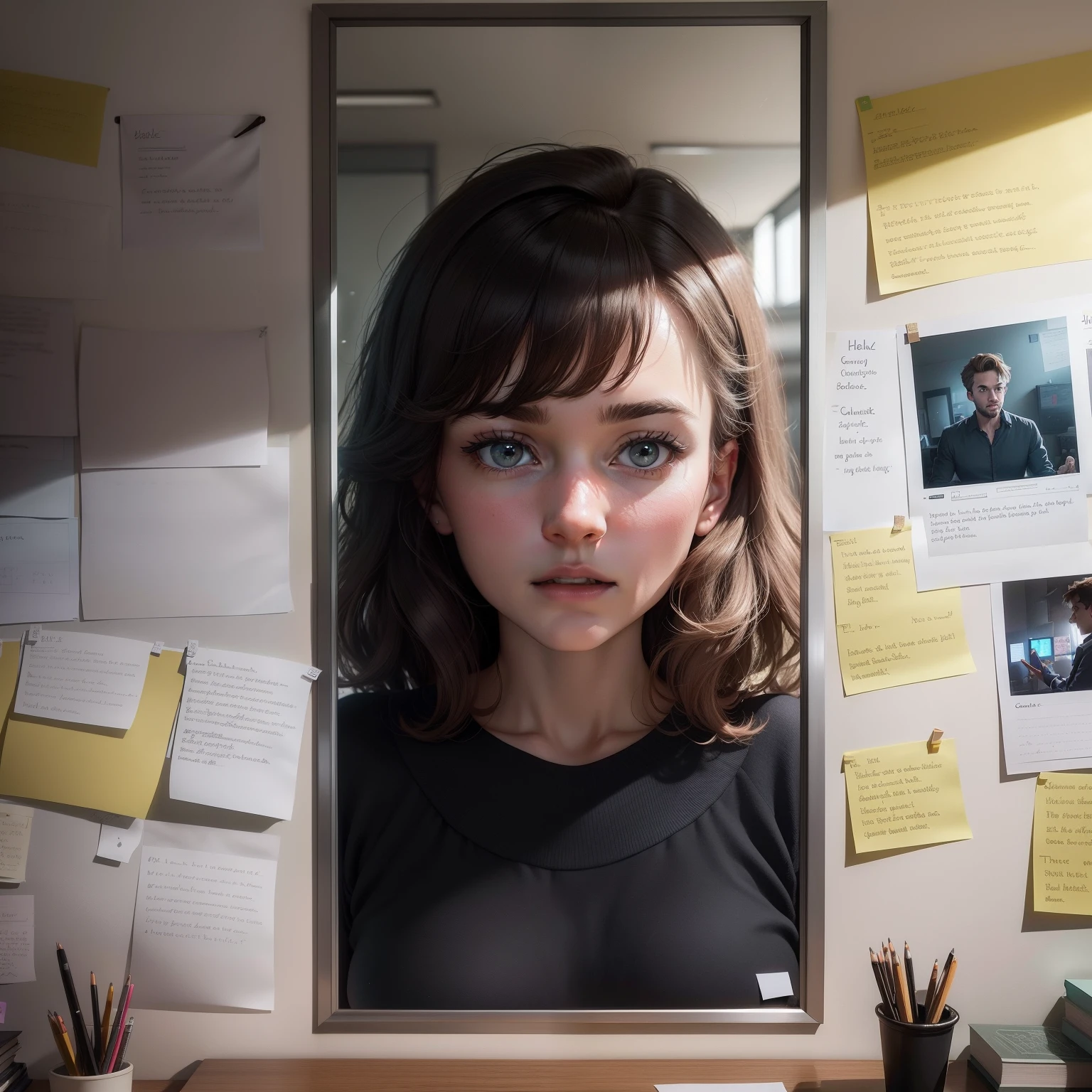 "Illustrious Charlie Brooke in the Writers' Room, discuss《Black Mirror》Innovative ideas for the series, Use a board full of post-it notes and notes, Show your bright mind and ability to create compelling stories."
