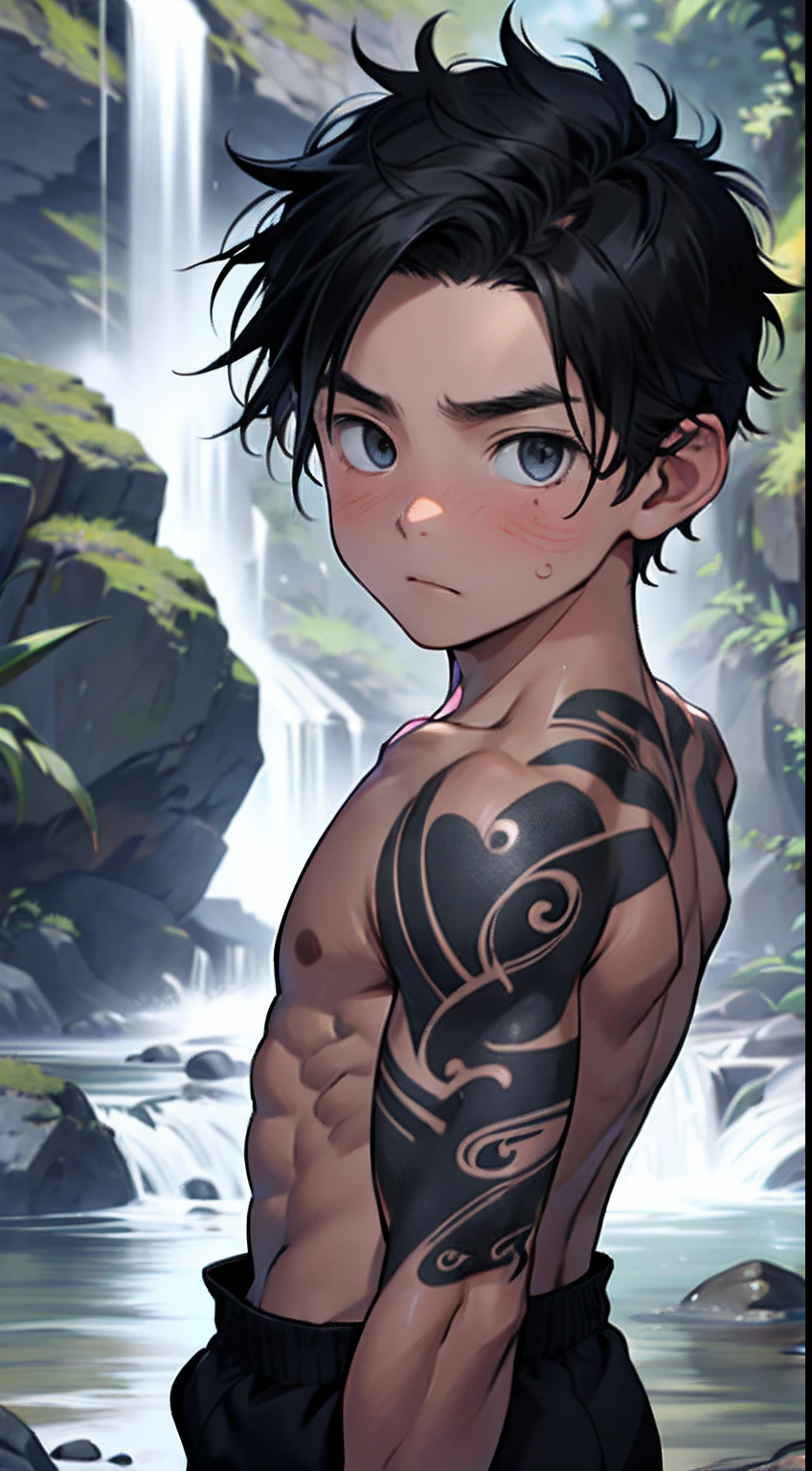 (masterpiece, Best Quality),The whole body of boy,(younge boy),teenager face,Rear view,Body tilt,delicate big eyes,Open your eyes,,smooth and delicate skin,Short square face,Surprised expression,infancy,young age,short round face,Flat chin,finely detaild face,well-muscled,short bright black hair,with an intricate,nakeness,(backbone:1.2),the night,vivd colour,(depth of fields:1.2),boy hit by waterfall,with tatoo