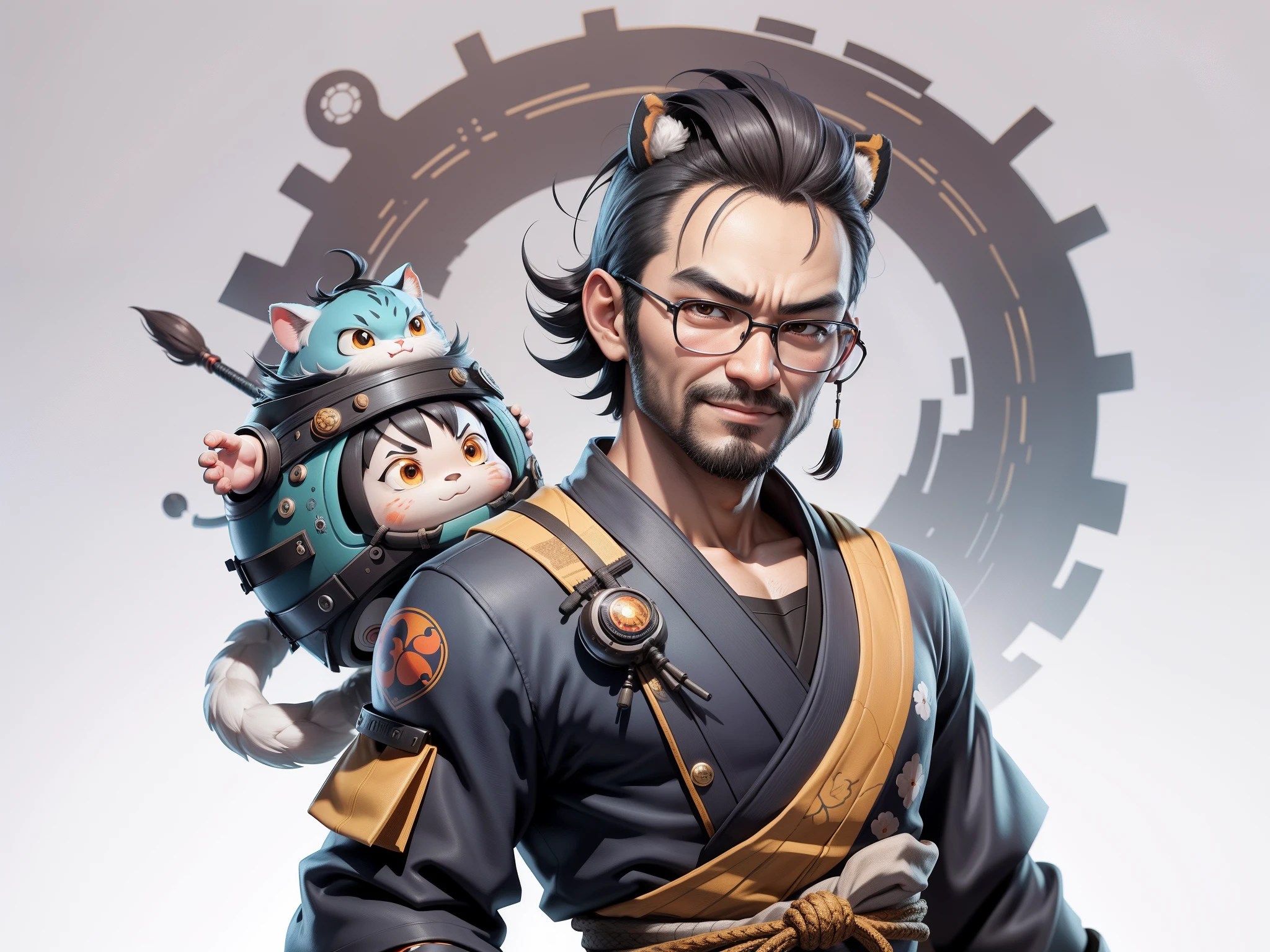(Daisaku),(Need),(Super meticulous),(full bodyesbian:1.2),Super young man with Japanese geisha,Beautiful,orient,one tiger,Aeolian Thor,Raised sexy,爆乳,Oriental face,TV Anchor,Bust portrait illustration,In black suit,a blue tie,The face is slightly chubby,The face was clean,without a beard,Black super short hair,Black eyes,Smile confidently,3C computer sub-products,iPad, iphone,Digital painting,3D character design by Mark Clairen and Pixar and Hayao Miyazaki and Akira Toriyama,The illustration is a high-definition illustration in 4K resolution,With very detailed facial features and cartoon-style visuals。