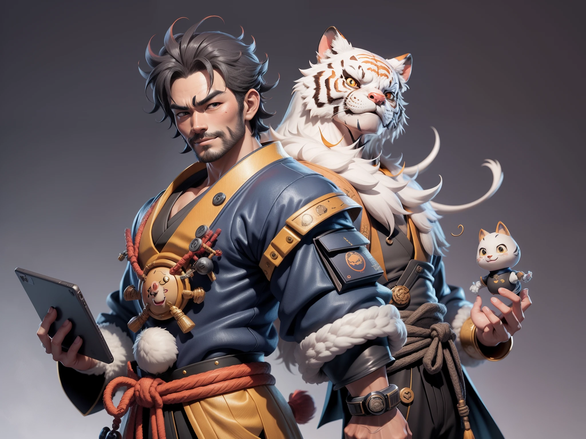 (Daisaku),(Need),(Super meticulous),(full bodyesbian:1.2),Super young man with Japanese geisha,Beautiful,orient,one tiger,Aeolian Thor,Raised sexy,爆乳,Oriental face,TV Anchor,Bust portrait illustration,In black suit,a blue tie,The face is slightly chubby,The face was clean,without a beard,Black super short hair,Black eyes,Smile confidently,3C computer sub-products,iPad, iphone,Digital painting,3D character design by Mark Clairen and Pixar and Hayao Miyazaki and Akira Toriyama,The illustration is a high-definition illustration in 4K resolution,With very detailed facial features and cartoon-style visuals。
